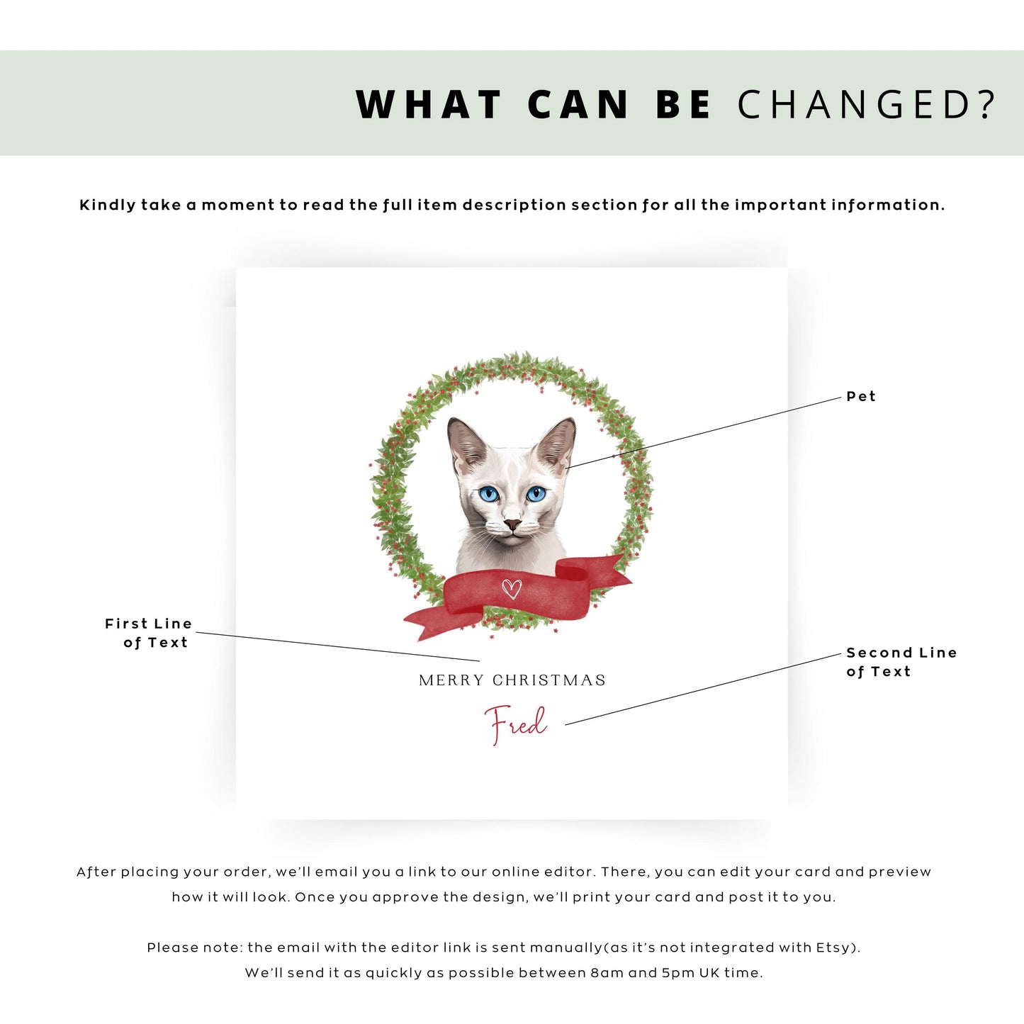 Personalised Burmila cat Christmas card with festive wreath design. Ideal holiday card for Cat Mum, Cat Dad, or a cat sitter.