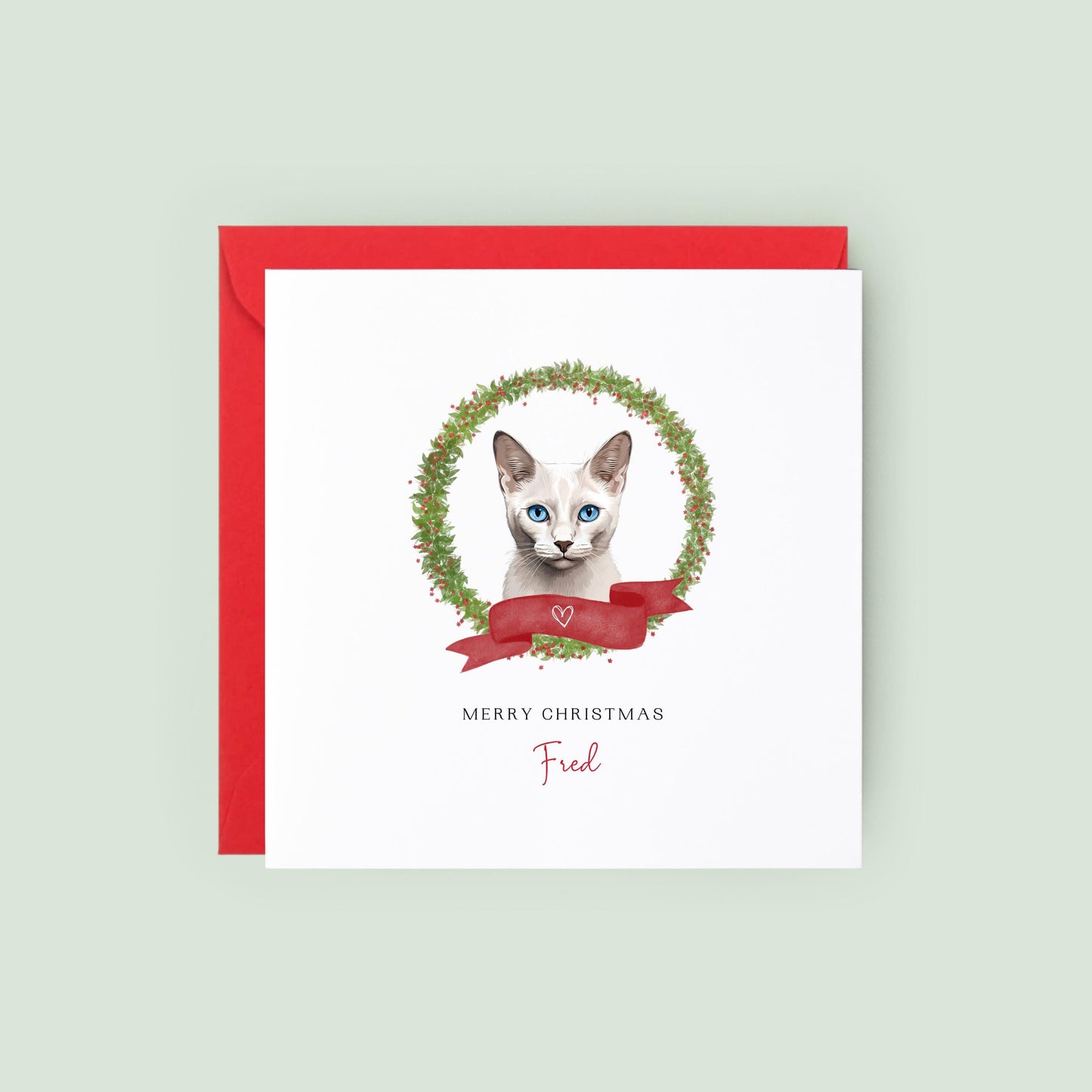 Personalised Burmila cat Christmas card with festive wreath design. Ideal holiday card for Cat Mum, Cat Dad, or a cat sitter.