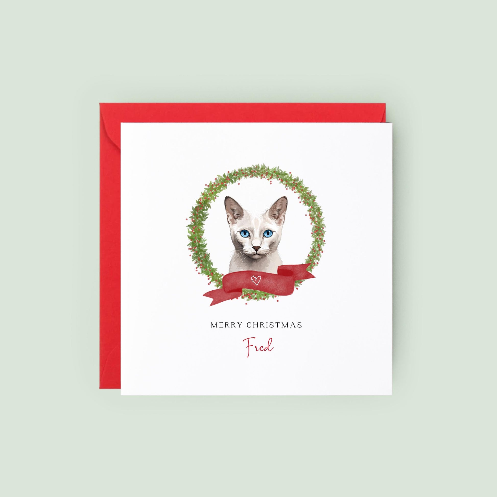 Personalised Burmila cat Christmas card with festive wreath design. Ideal holiday card for Cat Mum, Cat Dad, or a cat sitter.