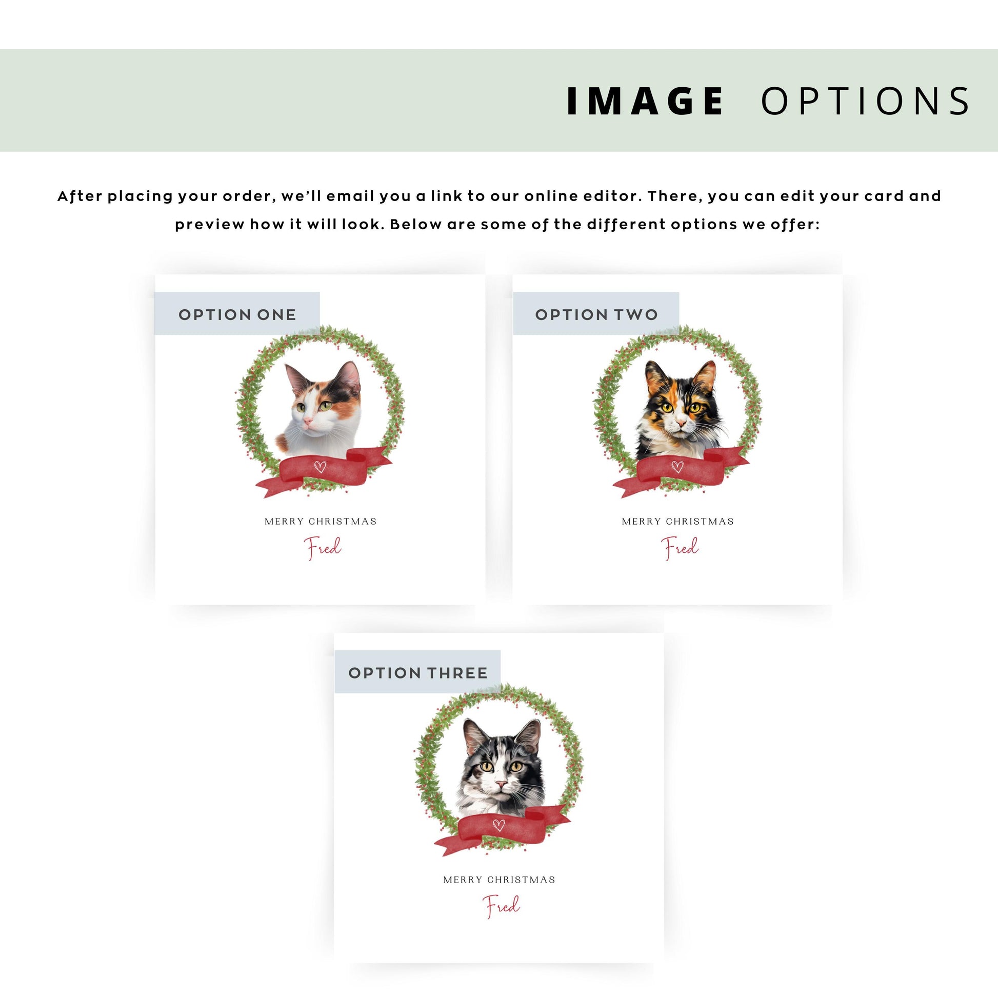 Personalised Calico cat Christmas card with festive wreath design. Ideal holiday card for Cat Mum, Cat Dad, or a cat sitter.