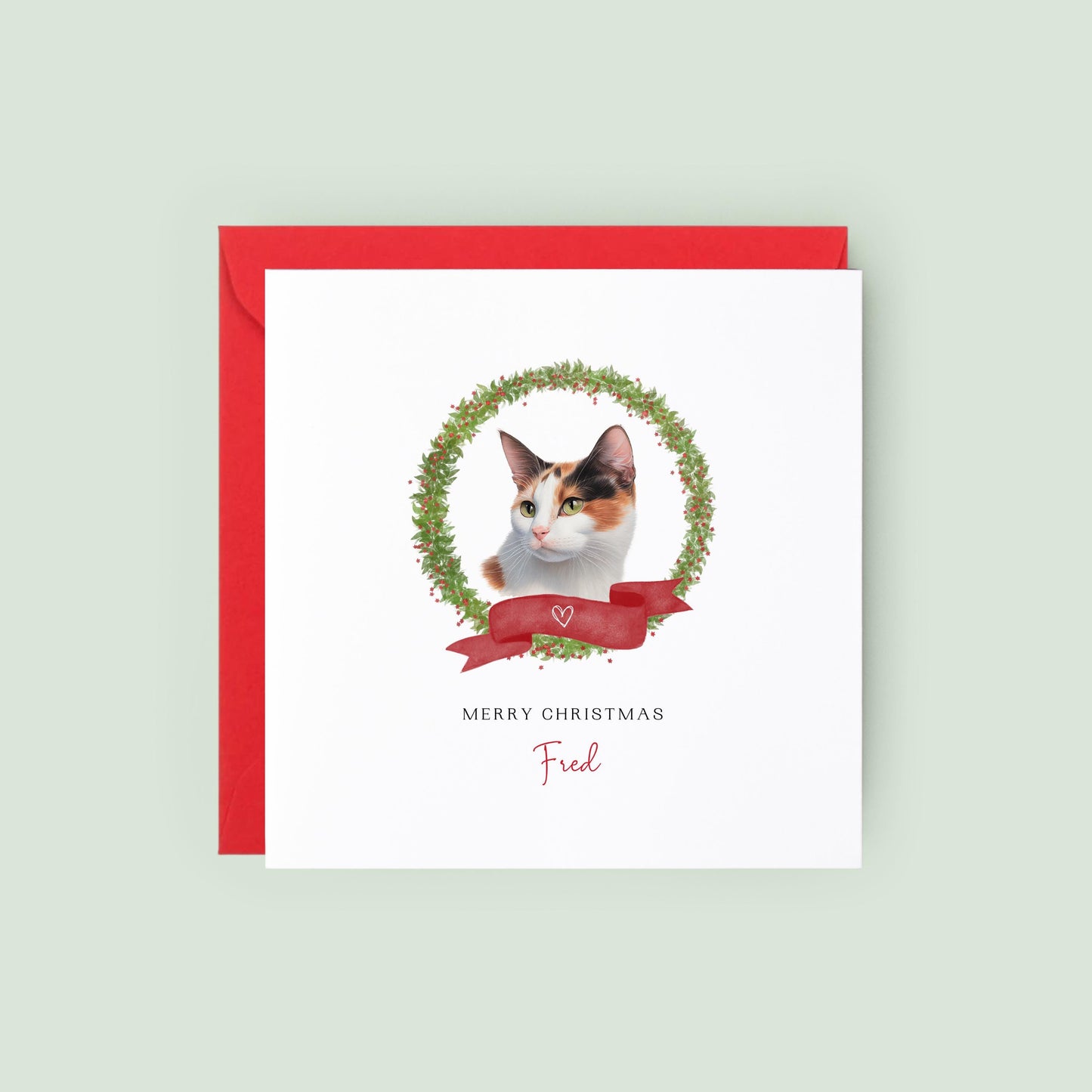 Personalised Calico cat Christmas card with festive wreath design. Ideal holiday card for Cat Mum, Cat Dad, or a cat sitter.
