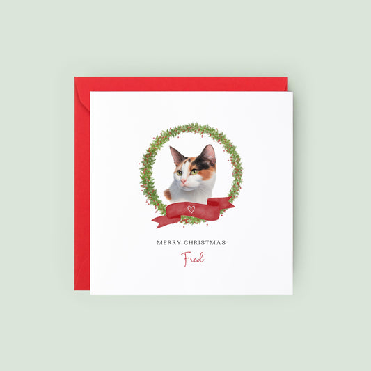 Personalised Calico cat Christmas card with festive wreath design. Ideal holiday card for Cat Mum, Cat Dad, or a cat sitter.