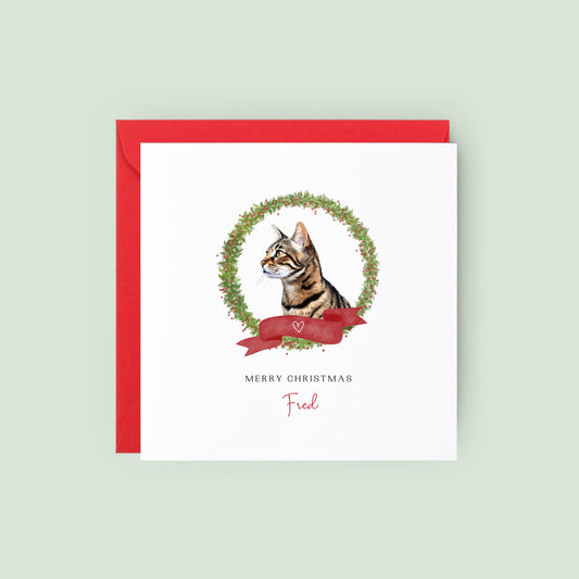 Personalised Californian Spangled cat Christmas card with festive wreath design. Ideal holiday card for Cat Mum, Cat Dad, or a cat sitter.