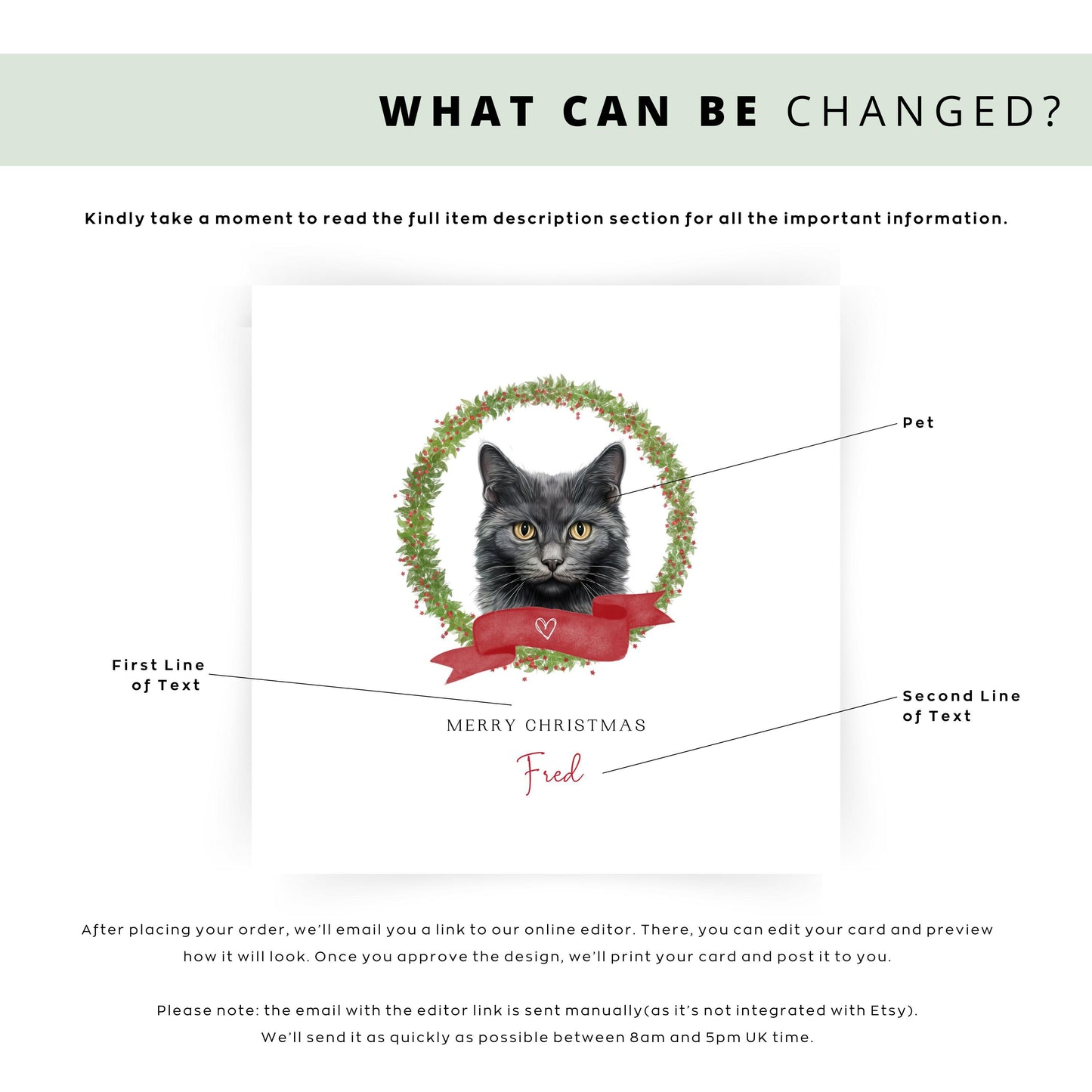 Personalised Chantilly Tiffany cat Christmas card with festive wreath design. Ideal holiday card for Cat Mum, Cat Dad, or a cat sitter.