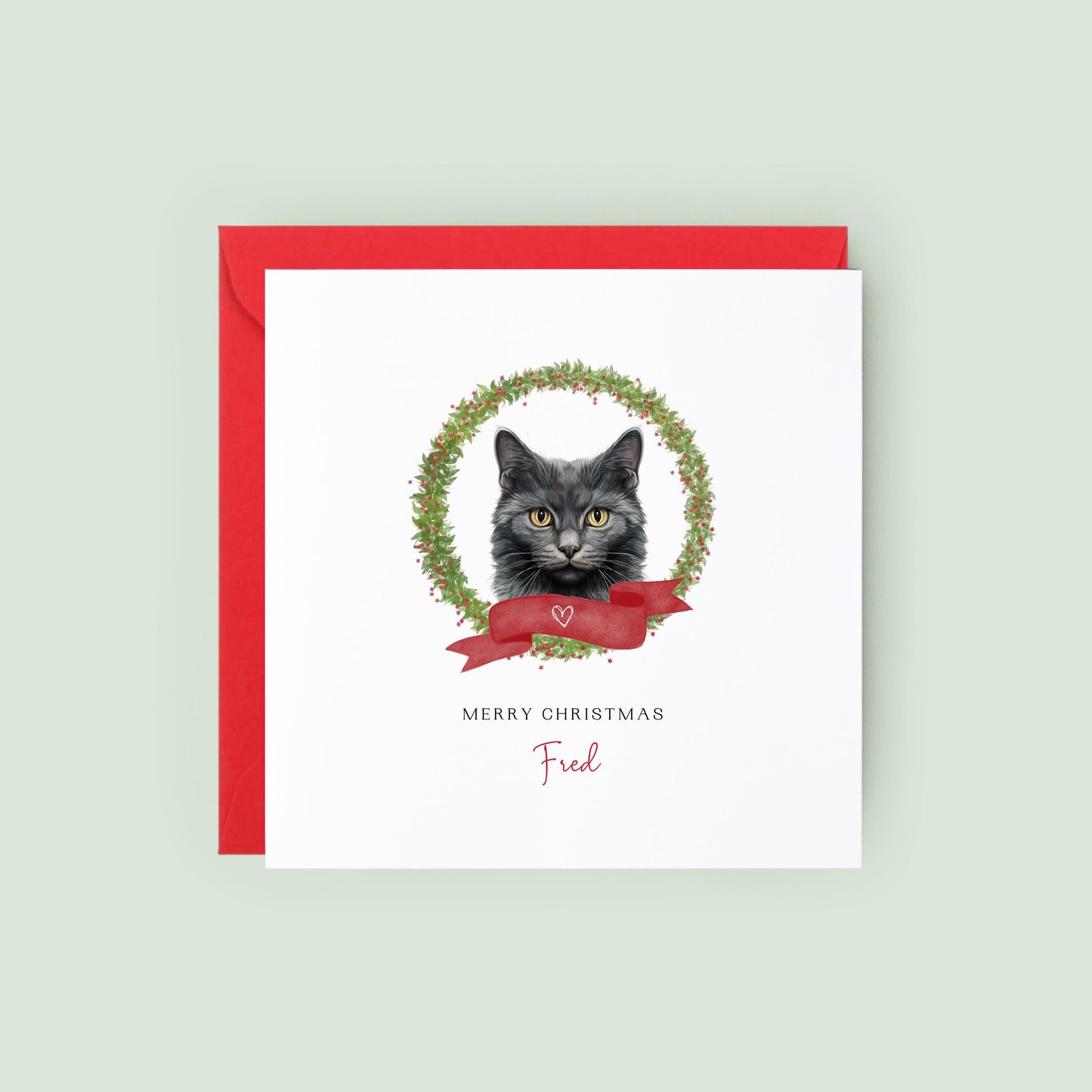 Personalised Chantilly Tiffany cat Christmas card with festive wreath design. Ideal holiday card for Cat Mum, Cat Dad, or a cat sitter.