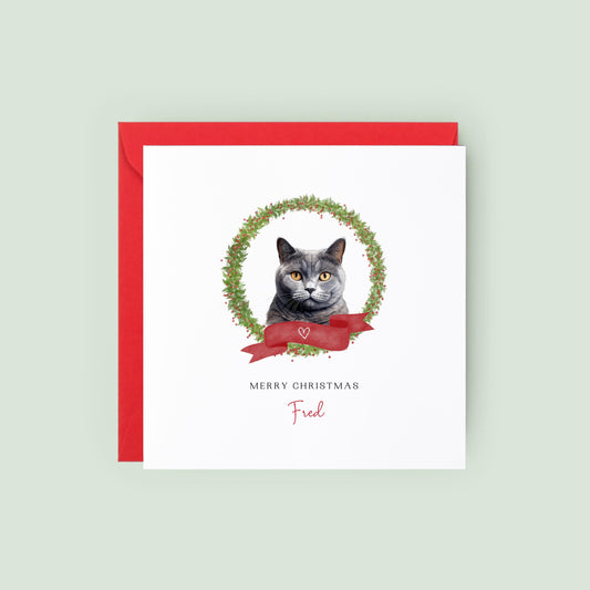 Personalised Chartreux cat Christmas card with festive wreath design. Ideal holiday card for Cat Mum, Cat Dad, or a cat sitter.