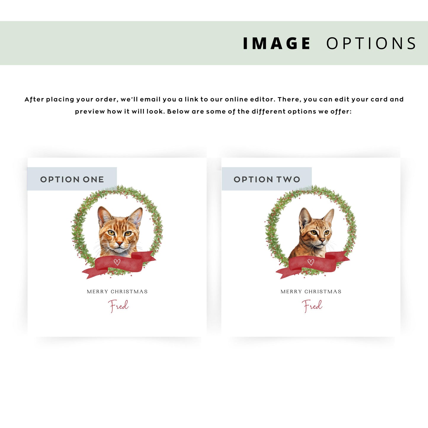 Personalised Chausie cat Christmas card with festive wreath design. Ideal holiday card for Cat Mum, Cat Dad, or a cat sitter.