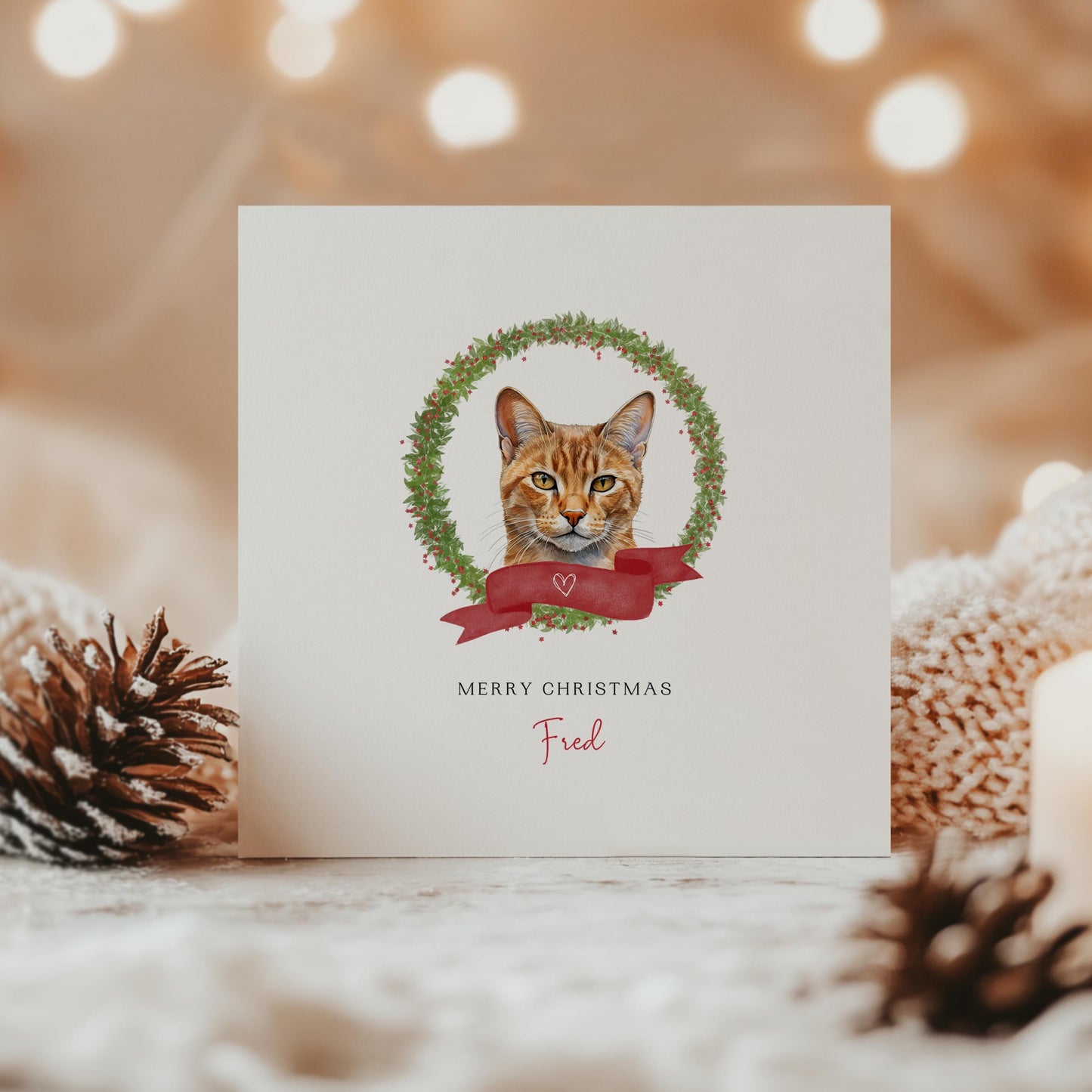 Personalised Chausie cat Christmas card with festive wreath design. Ideal holiday card for Cat Mum, Cat Dad, or a cat sitter.