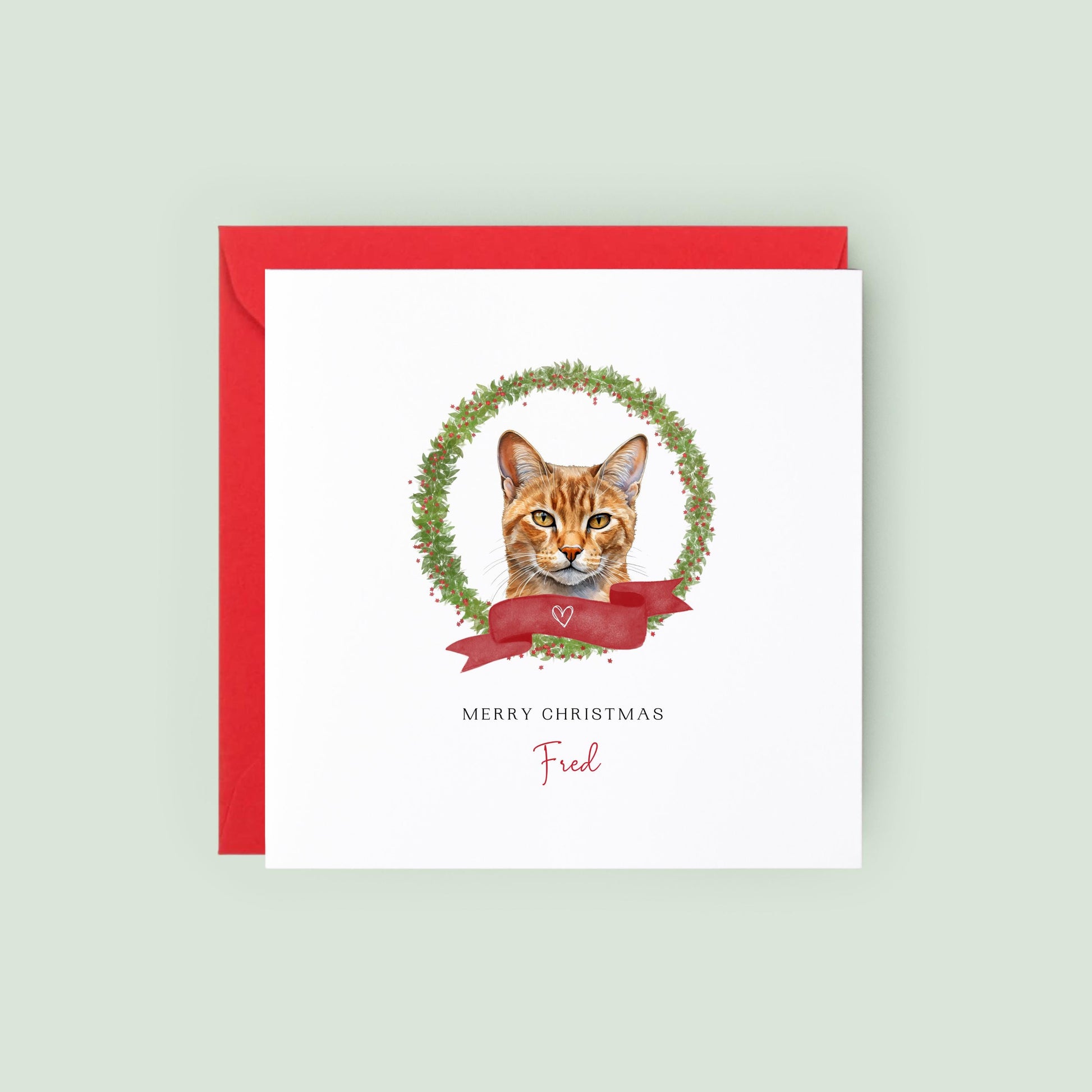 Personalised Chausie cat Christmas card with festive wreath design. Ideal holiday card for Cat Mum, Cat Dad, or a cat sitter.