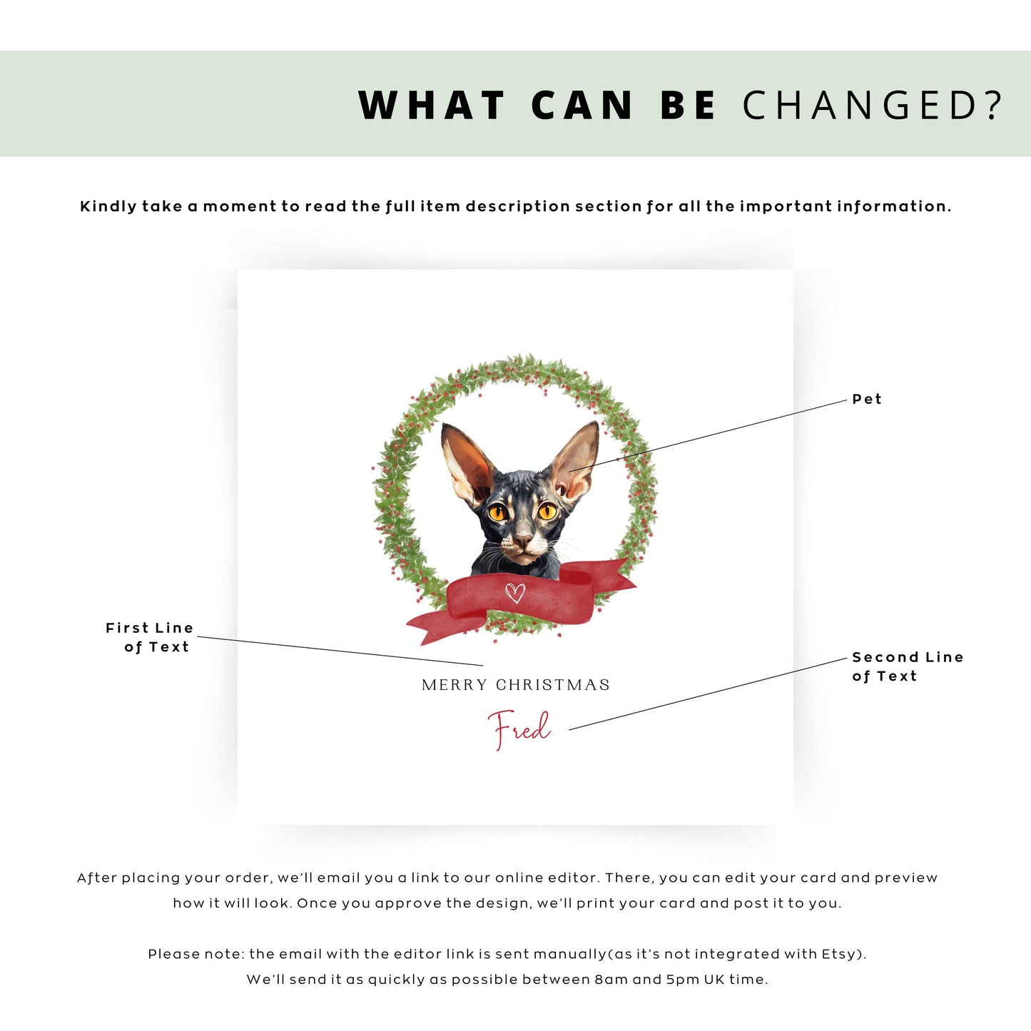 Personalised Cornish Rex cat Christmas card with festive wreath design. Ideal holiday card for Cat Mum, Cat Dad, or a cat sitter.