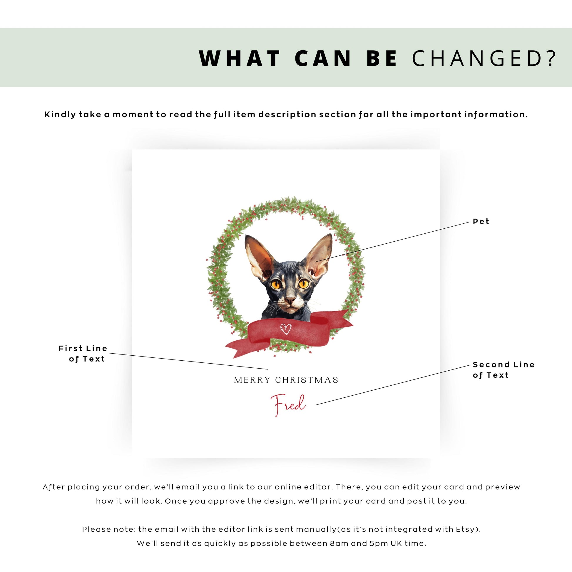 Personalised Cornish Rex cat Christmas card with festive wreath design. Ideal holiday card for Cat Mum, Cat Dad, or a cat sitter.