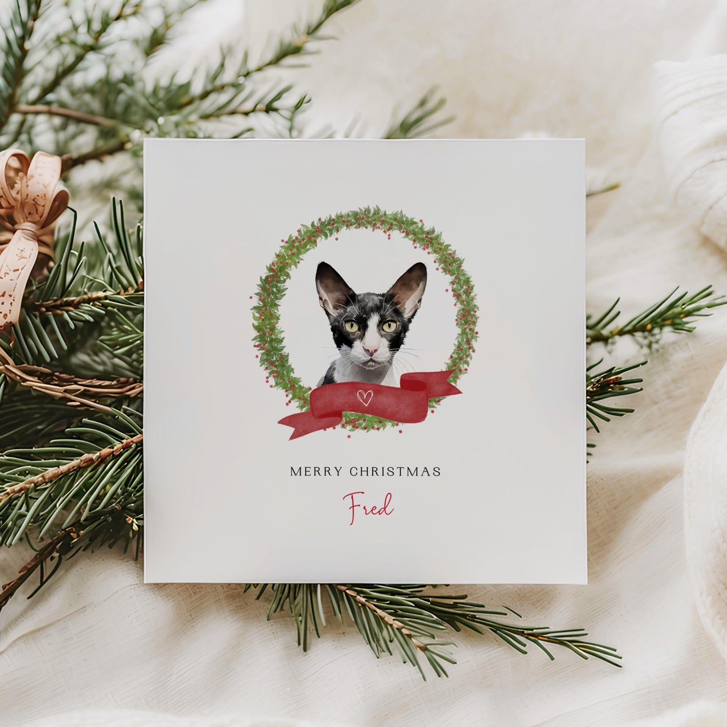 Personalised Cornish Rex cat Christmas card with festive wreath design. Ideal holiday card for Cat Mum, Cat Dad, or a cat sitter.