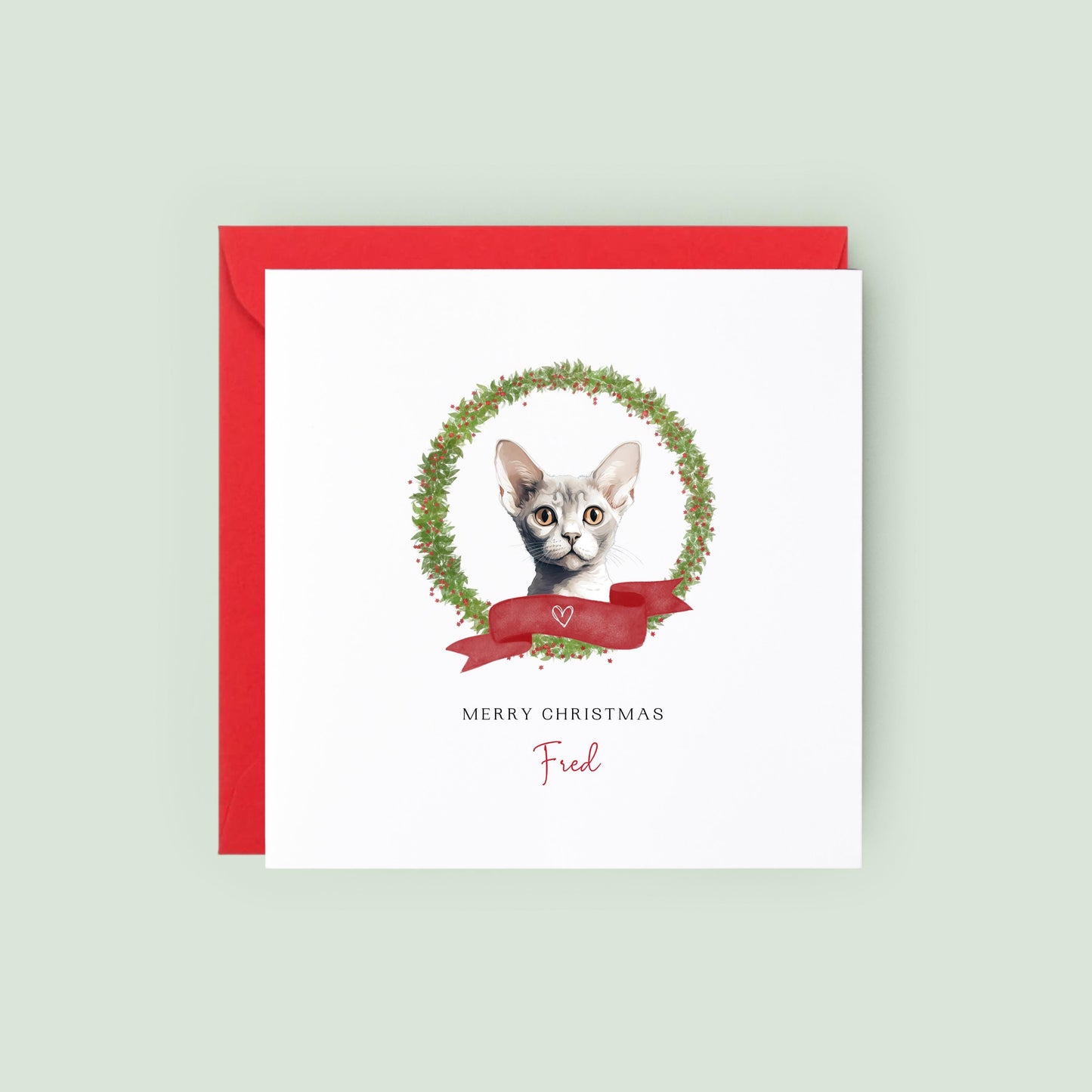 Personalised Devon Rex cat Christmas card with festive wreath design. Ideal holiday card for Cat Mum, Cat Dad, or a cat sitter.