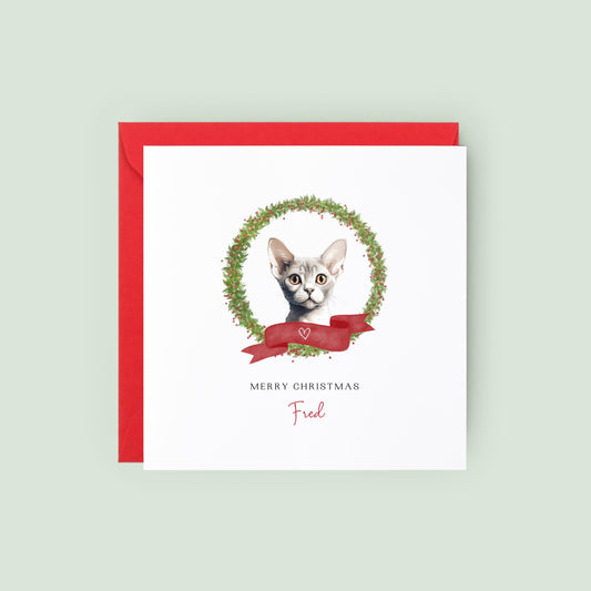 Personalised Devon Rex cat Christmas card with festive wreath design. Ideal holiday card for Cat Mum, Cat Dad, or a cat sitter.