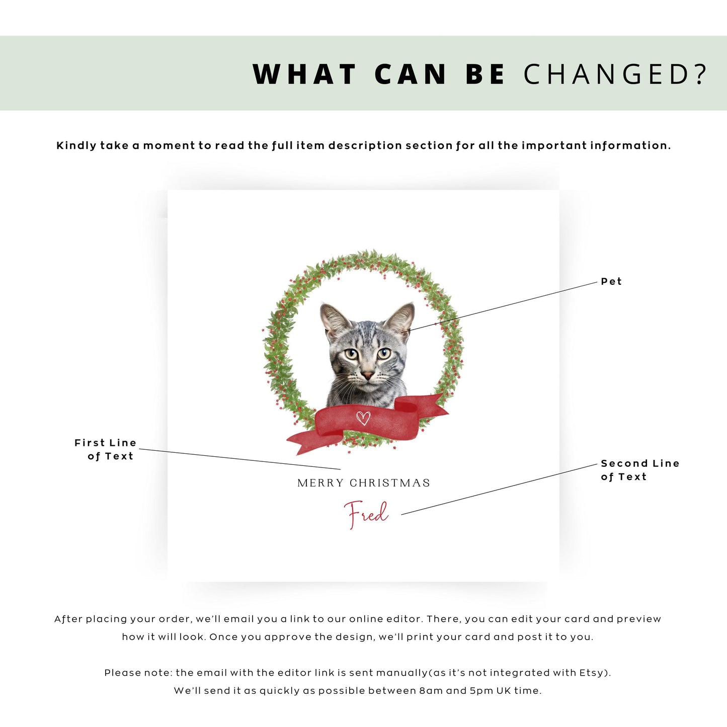 Personalised Egyptian Mau cat Christmas card with festive wreath design. Ideal holiday card for Cat Mum, Cat Dad, or a cat sitter.
