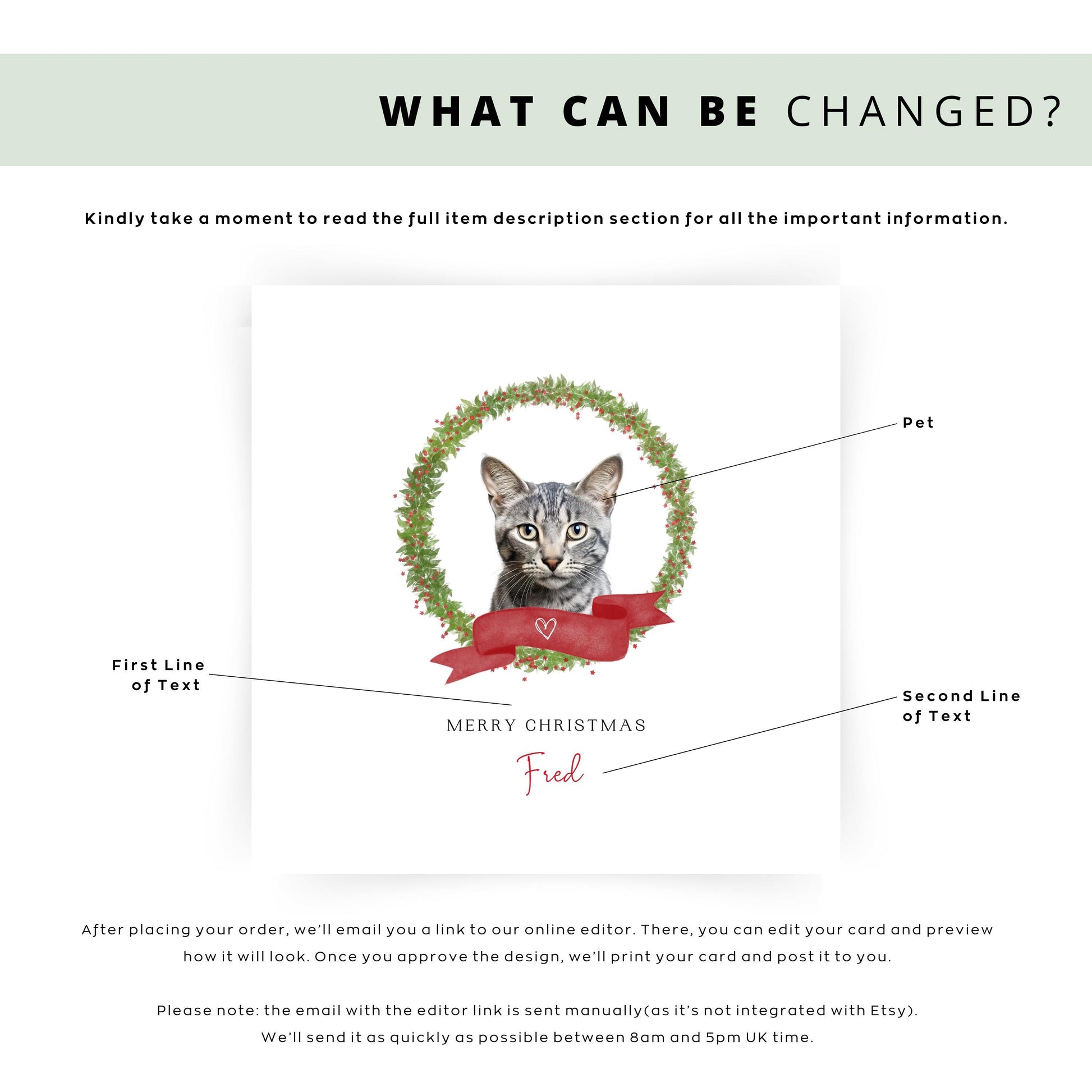 Personalised Egyptian Mau cat Christmas card with festive wreath design. Ideal holiday card for Cat Mum, Cat Dad, or a cat sitter.