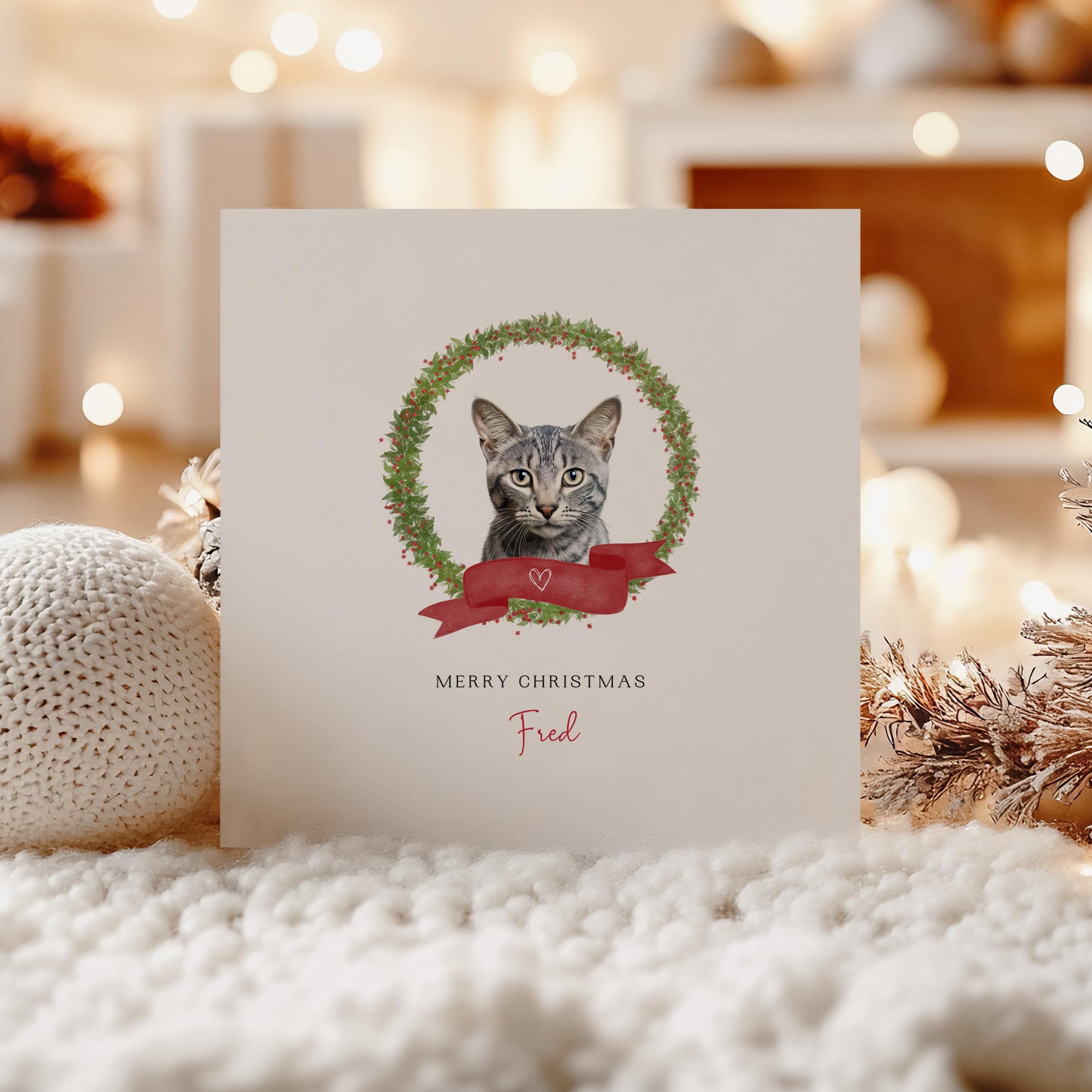 Personalised Egyptian Mau cat Christmas card with festive wreath design. Ideal holiday card for Cat Mum, Cat Dad, or a cat sitter.