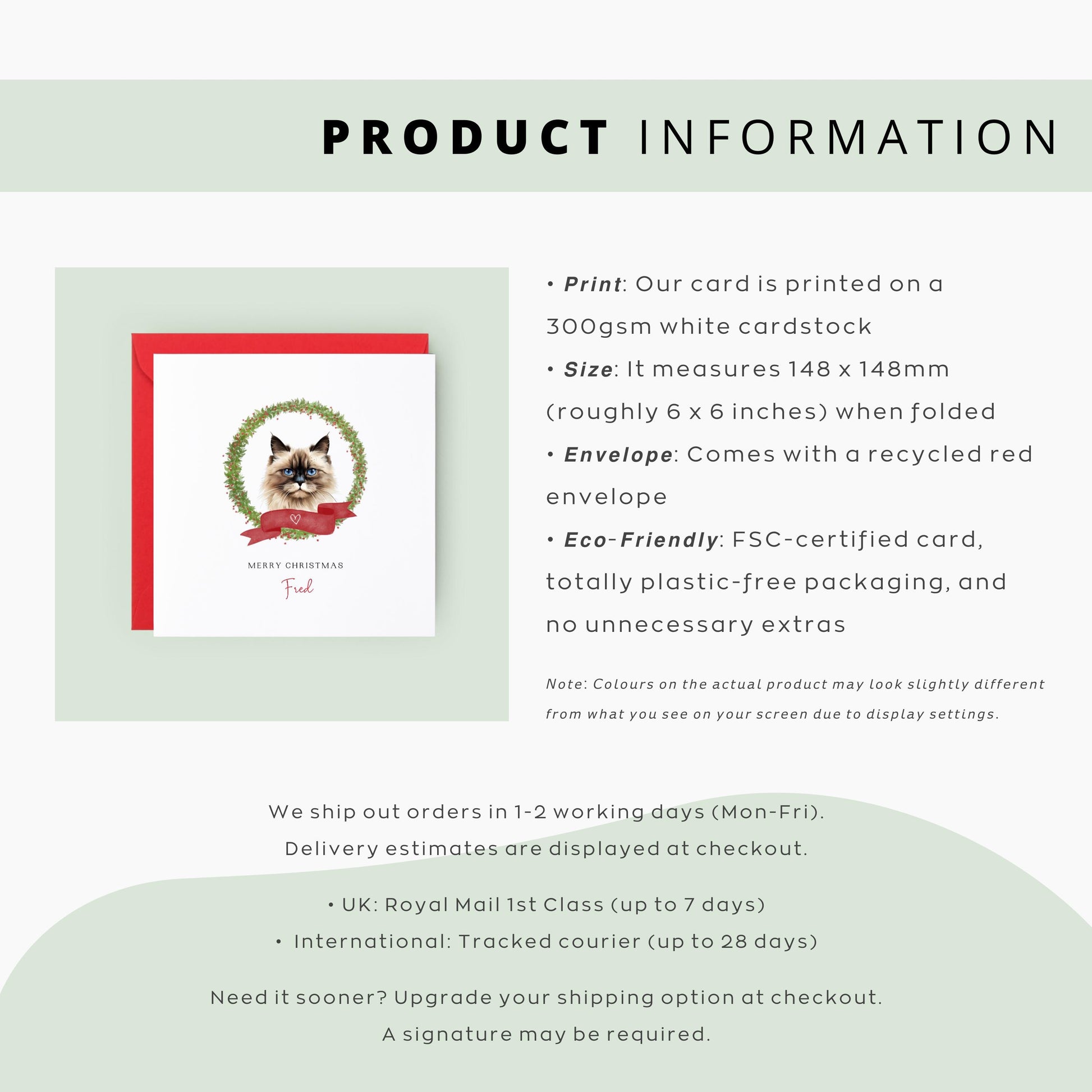 Personalised Himalayan cat Christmas card with festive wreath design. Ideal holiday card for Cat Mum, Cat Dad, or a cat sitter.