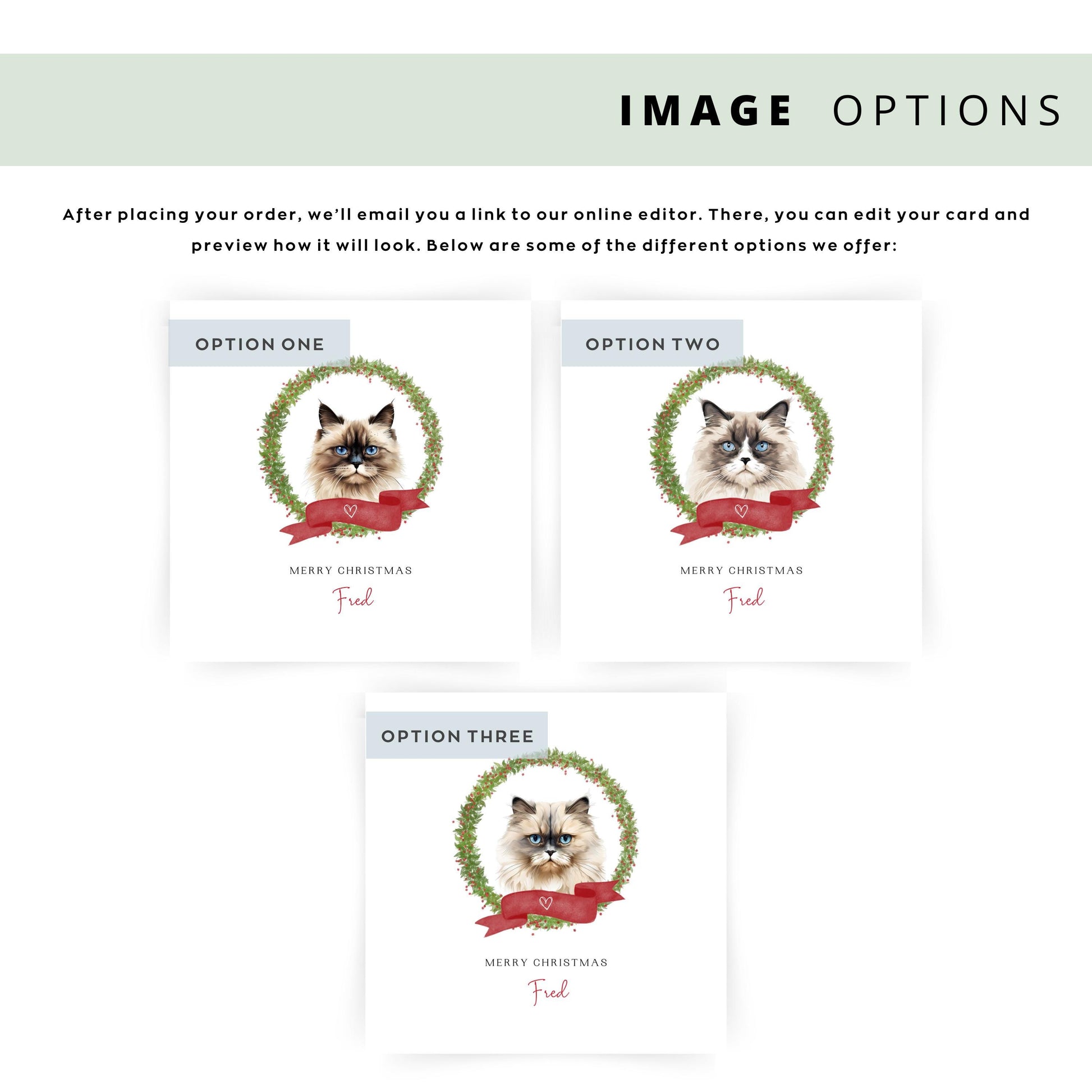 Personalised Himalayan cat Christmas card with festive wreath design. Ideal holiday card for Cat Mum, Cat Dad, or a cat sitter.