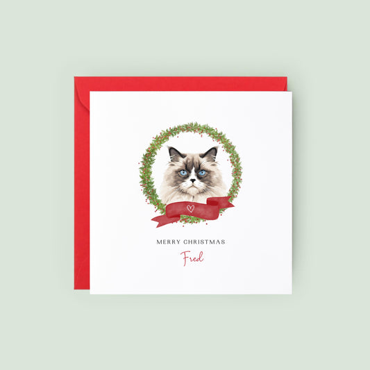 Personalised Himalayan cat Christmas card with festive wreath design. Ideal holiday card for Cat Mum, Cat Dad, or a cat sitter.