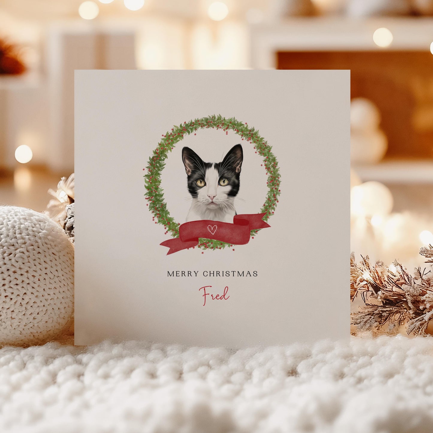 Personalised Japanese Bobtail cat Christmas card with festive wreath design. Ideal holiday card for Cat Mum, Cat Dad, or a cat sitter.