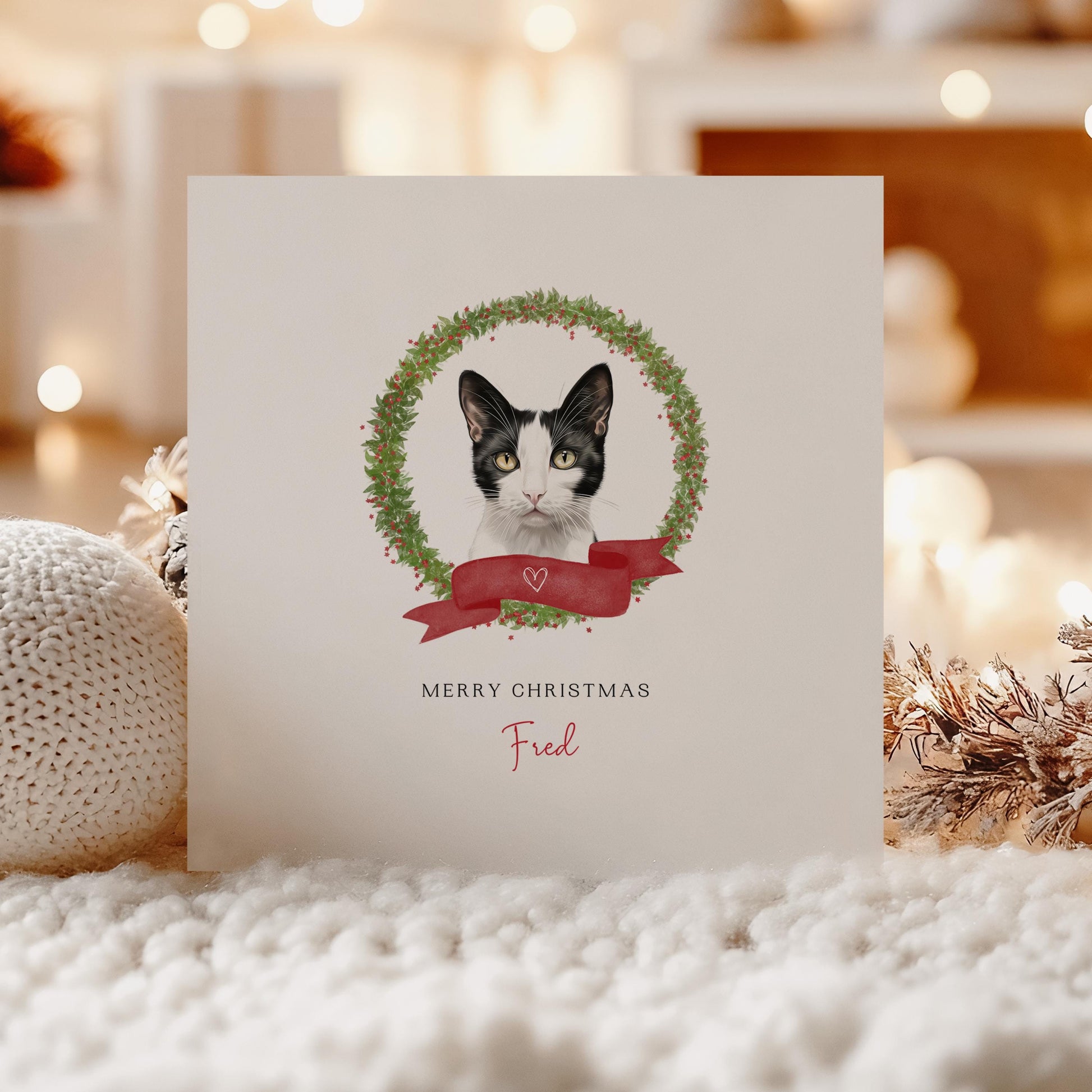 Personalised Japanese Bobtail cat Christmas card with festive wreath design. Ideal holiday card for Cat Mum, Cat Dad, or a cat sitter.