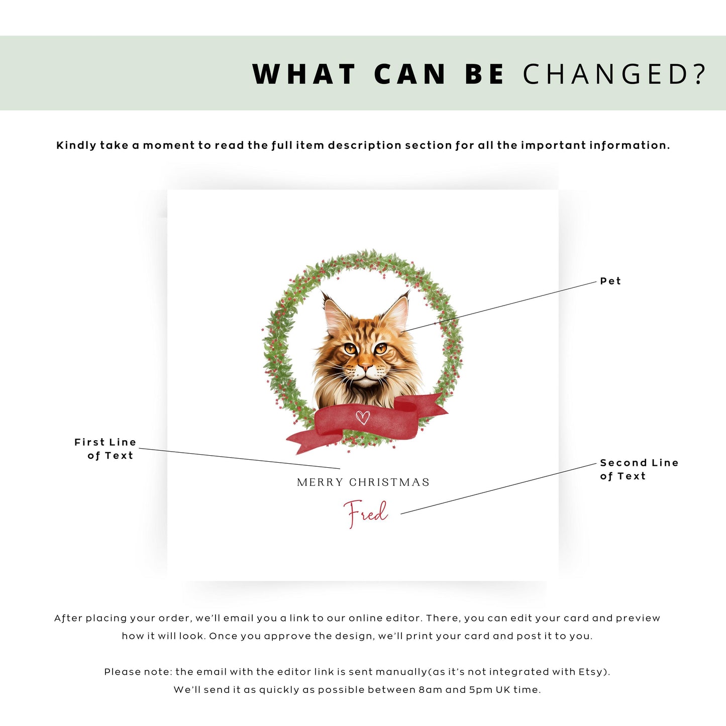 Personalised Maine Coon cat Christmas card with festive wreath design. Ideal holiday card for Cat Mum, Cat Dad, or a cat sitter.