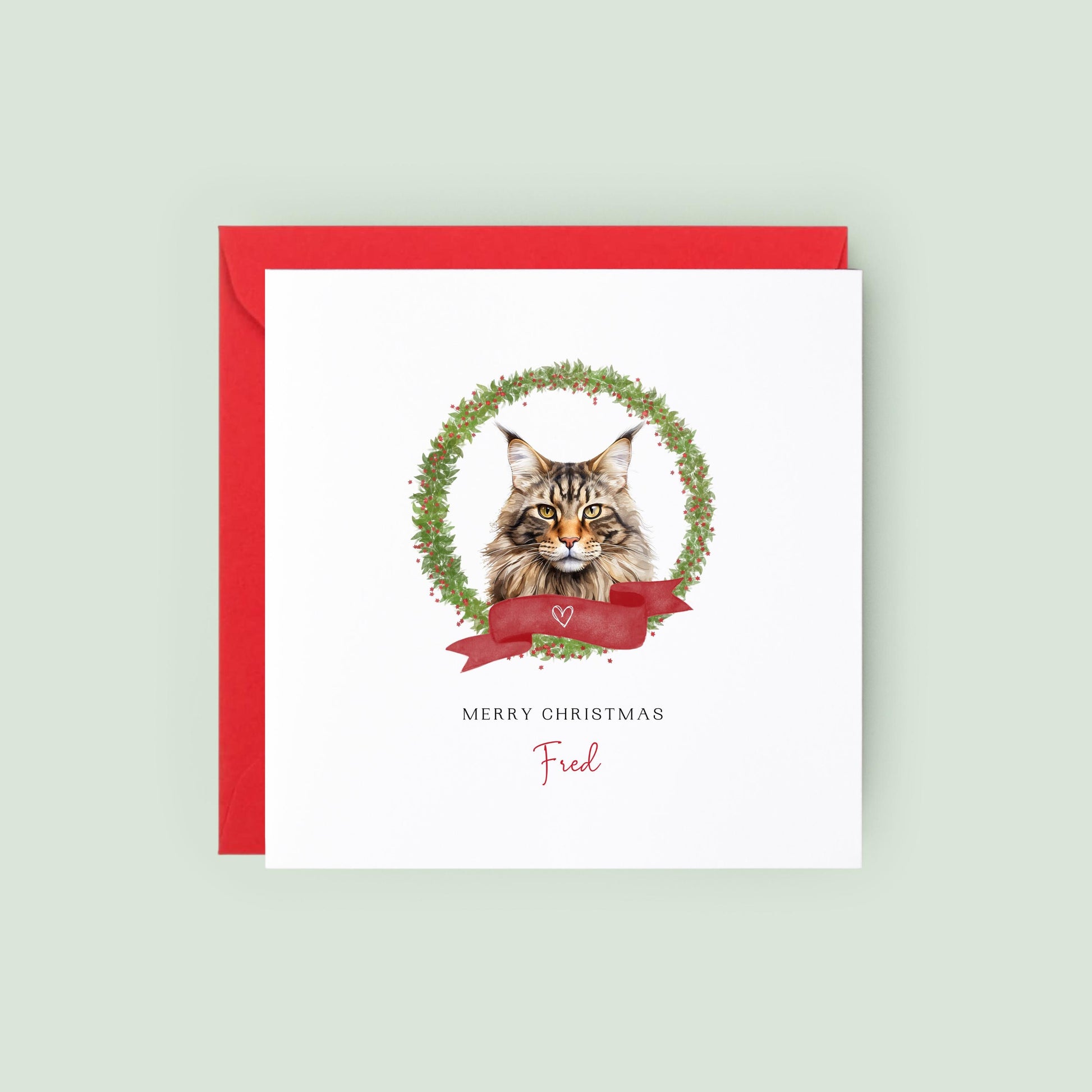 Personalised Maine Coon cat Christmas card with festive wreath design. Ideal holiday card for Cat Mum, Cat Dad, or a cat sitter.
