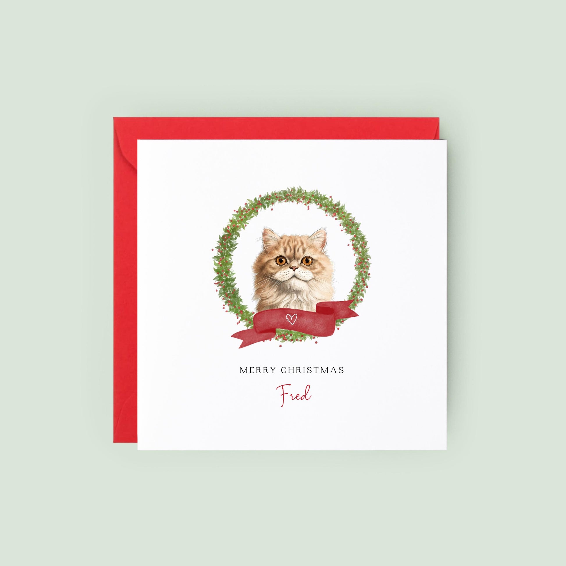 Personalised Munchkin cat Christmas card with festive wreath design. Ideal holiday card for Cat Mum, Cat Dad, or a cat sitter.