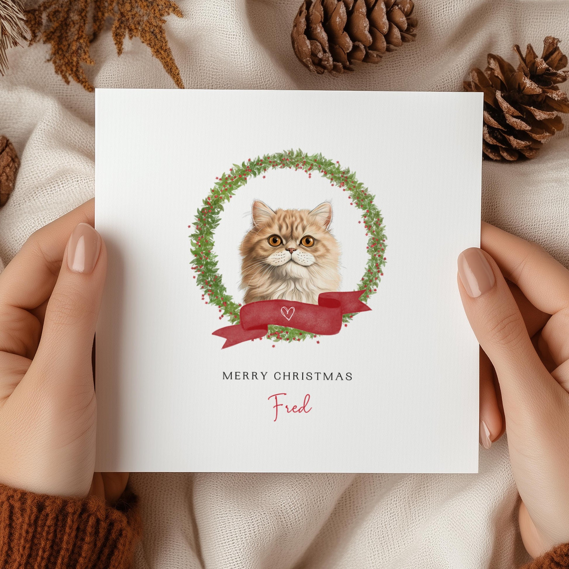 Personalised Munchkin cat Christmas card with festive wreath design. Ideal holiday card for Cat Mum, Cat Dad, or a cat sitter.