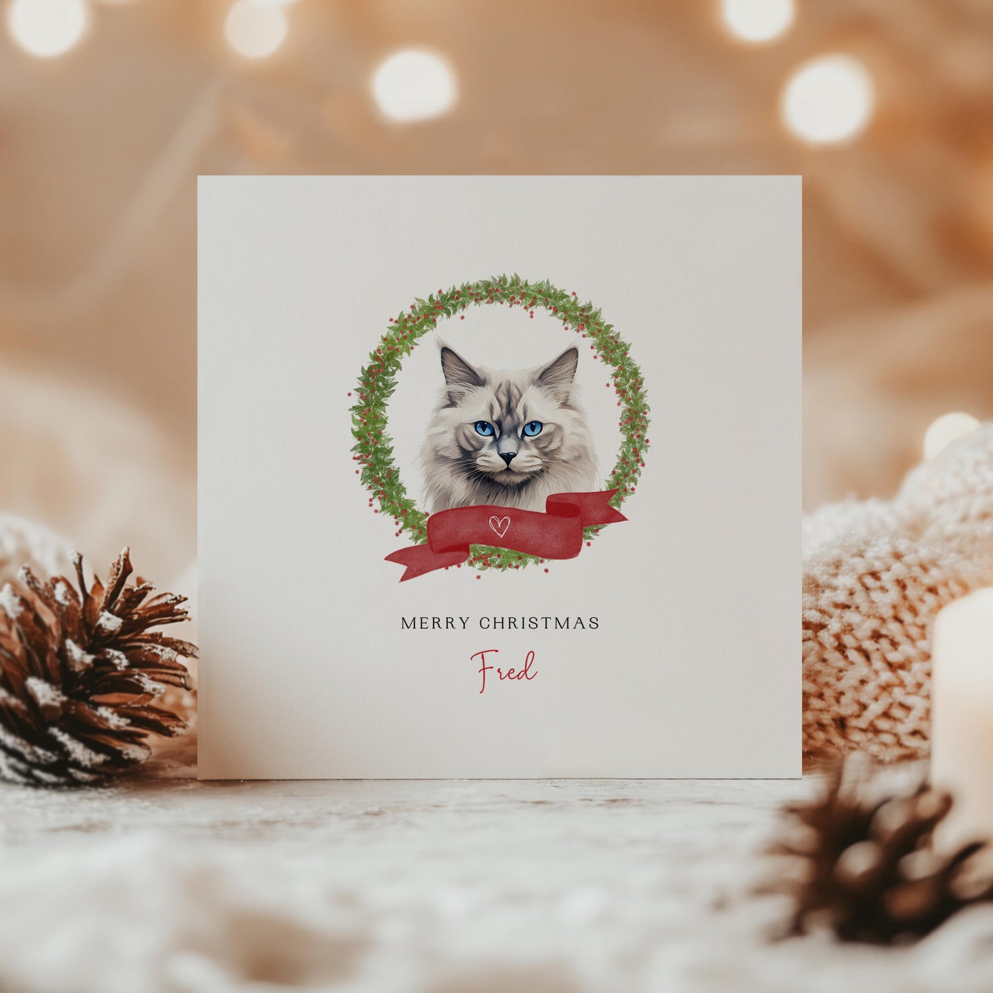 Personalised Neva Masquerade cat Christmas card with festive wreath design. Ideal holiday card for Cat Mum, Cat Dad, or a cat sitter.