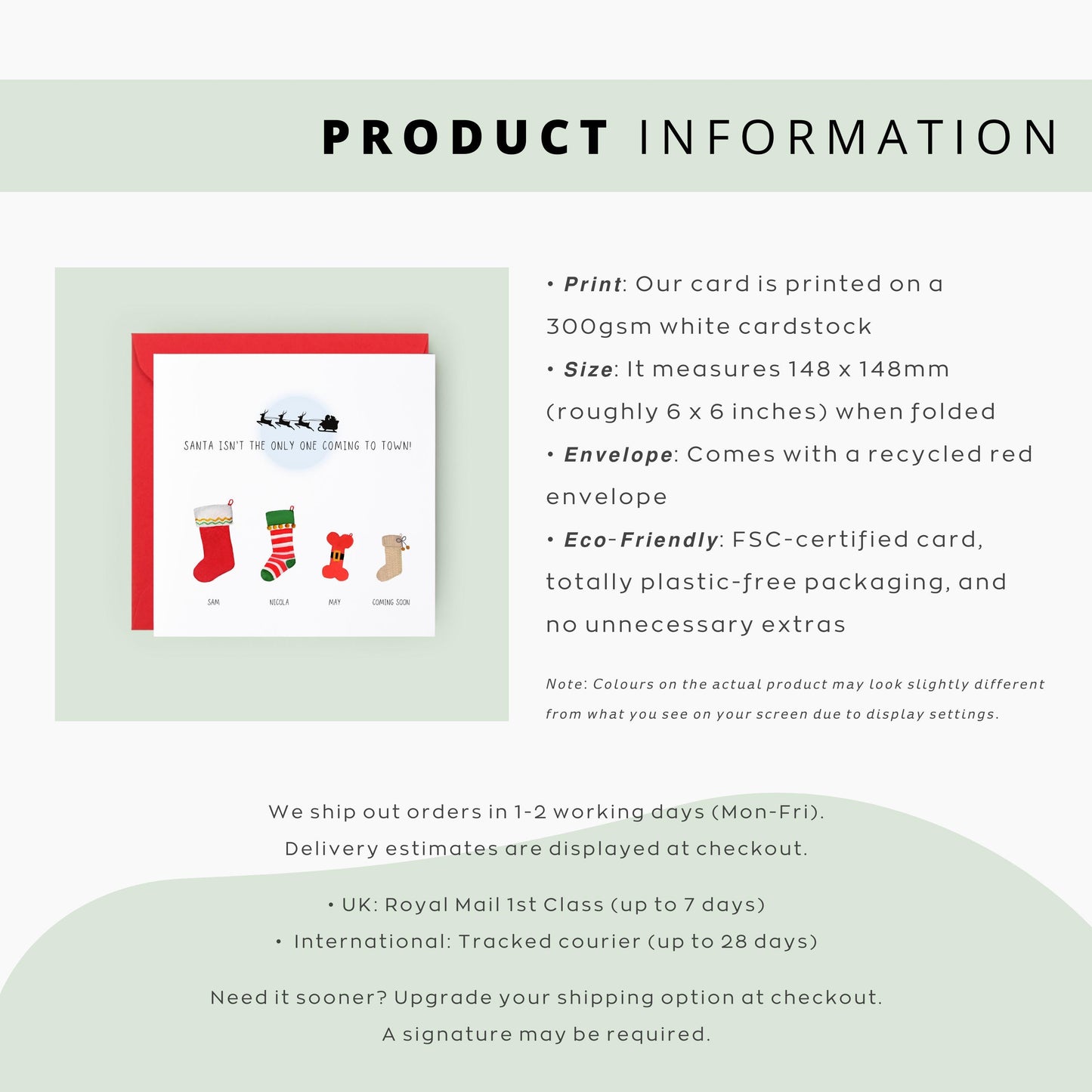 Personalised Christmas pregnancy announcement card with festive stockings and “Santa isn’t the only one coming to town” text, ideal for sharing baby news.