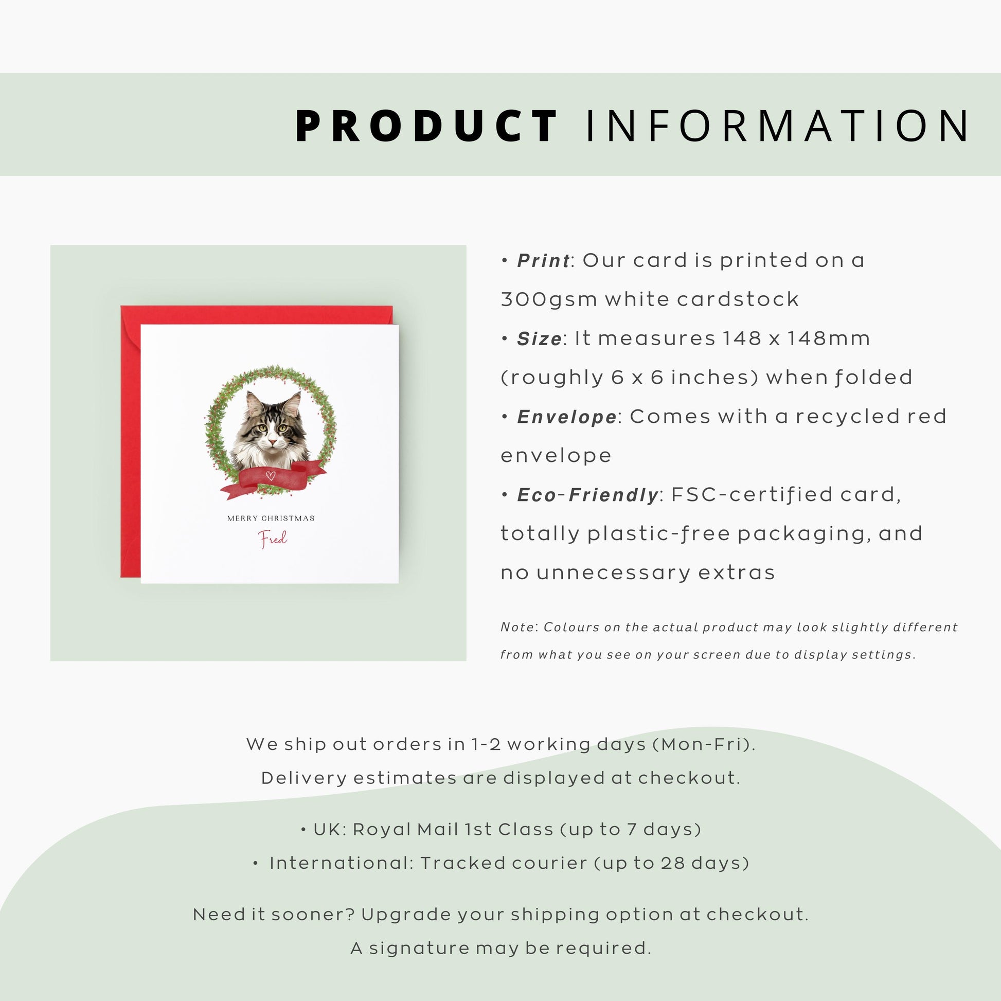 Personalised Norwegian Forest cat Christmas card with festive wreath design. Ideal holiday card for Cat Mum, Cat Dad, or a cat sitter.