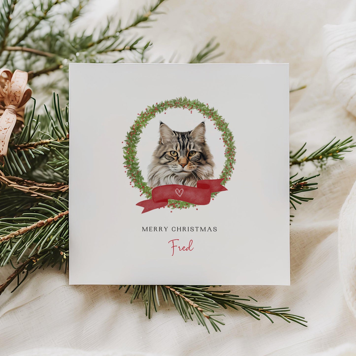 Personalised Norwegian Forest cat Christmas card with festive wreath design. Ideal holiday card for Cat Mum, Cat Dad, or a cat sitter.