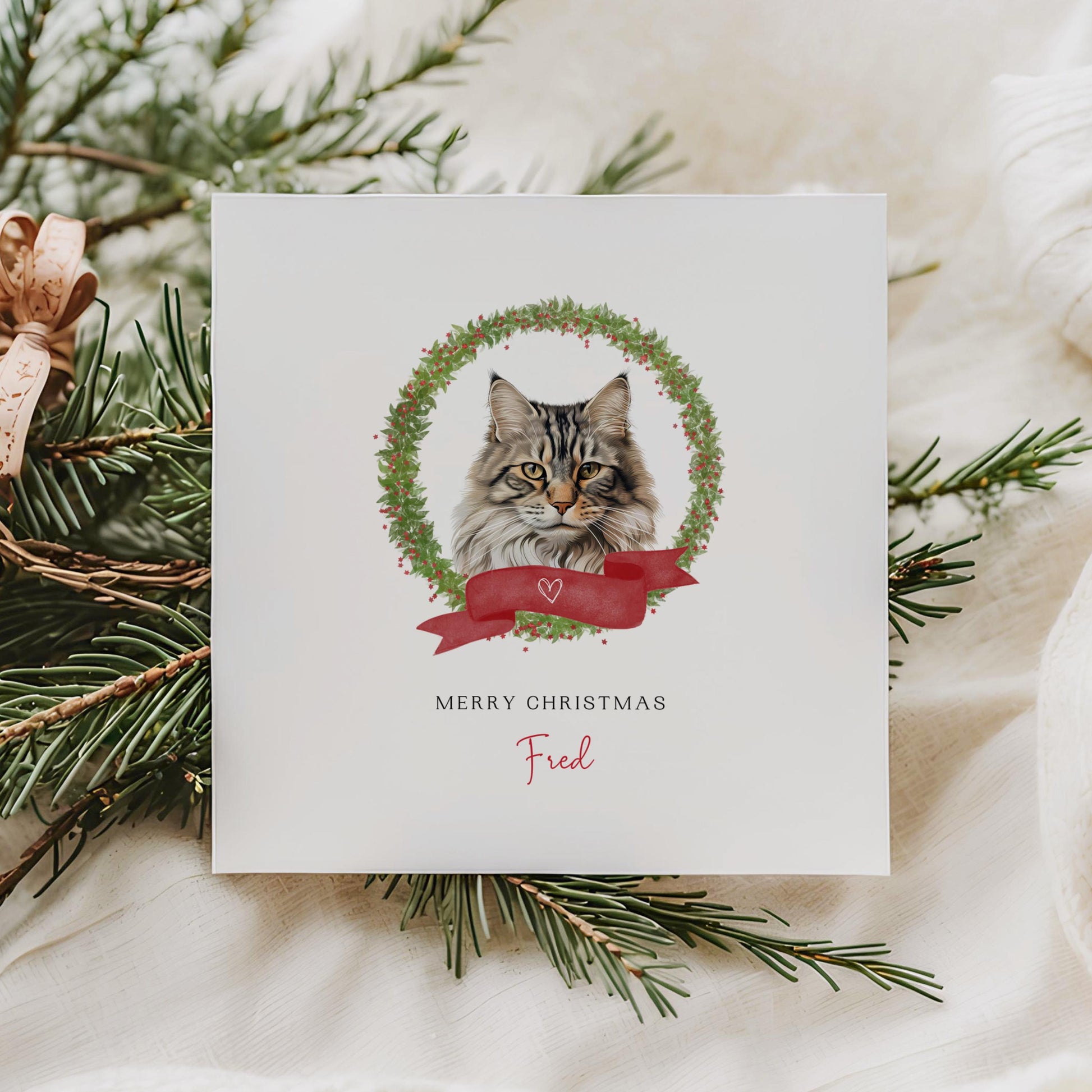 Personalised Norwegian Forest cat Christmas card with festive wreath design. Ideal holiday card for Cat Mum, Cat Dad, or a cat sitter.