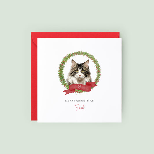 Personalised Norwegian Forest cat Christmas card with festive wreath design. Ideal holiday card for Cat Mum, Cat Dad, or a cat sitter.