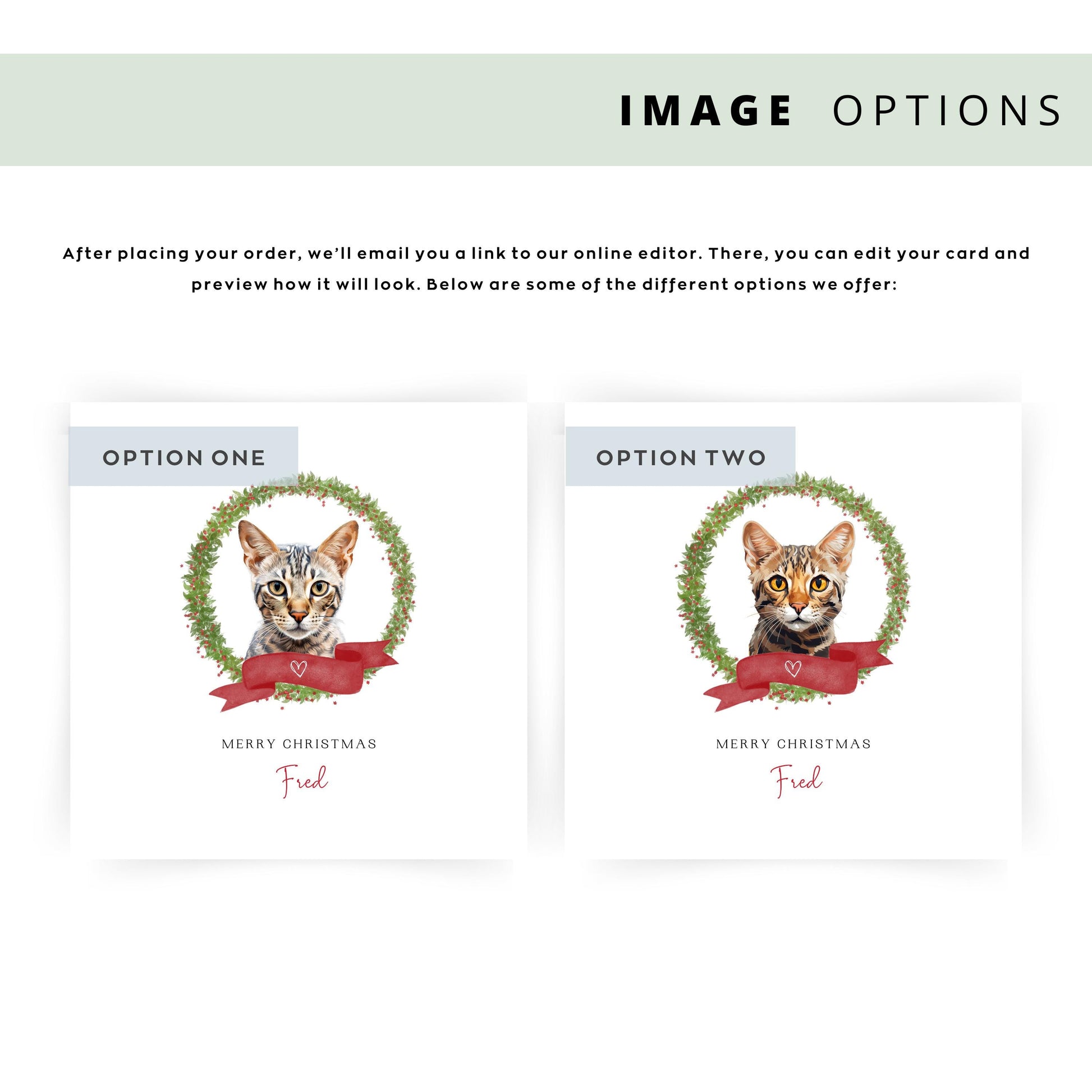 Personalised Ocicat cat Christmas card with festive wreath design. Ideal holiday card for Cat Mum, Cat Dad, or a cat sitter.