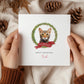 Personalised Ocicat cat Christmas card with festive wreath design. Ideal holiday card for Cat Mum, Cat Dad, or a cat sitter.