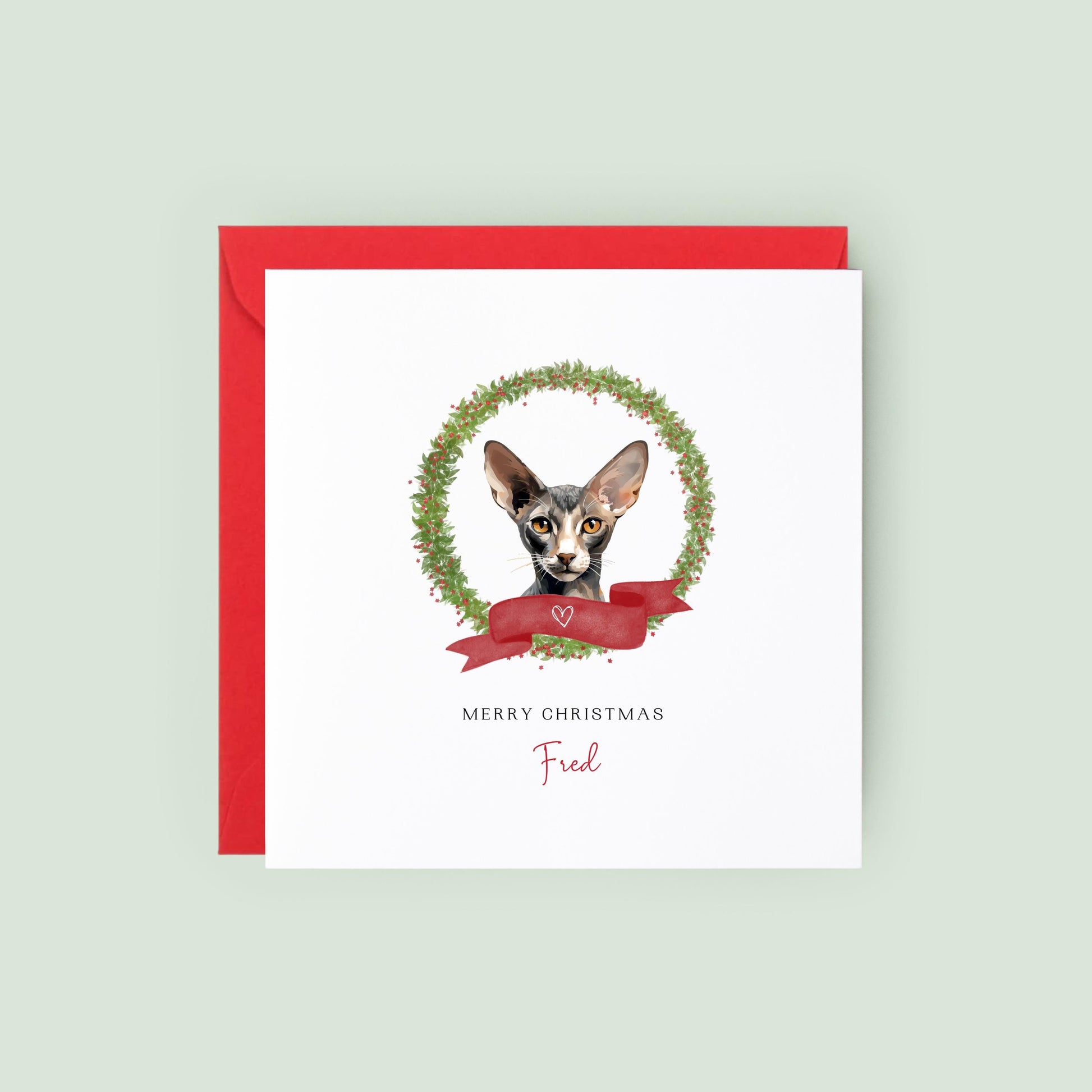 Personalised Oriental Shorthair cat Christmas card with festive wreath design. Ideal holiday card for Cat Mum, Cat Dad, or a cat sitter.
