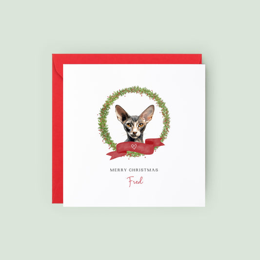 Personalised Oriental Shorthair cat Christmas card with festive wreath design. Ideal holiday card for Cat Mum, Cat Dad, or a cat sitter.
