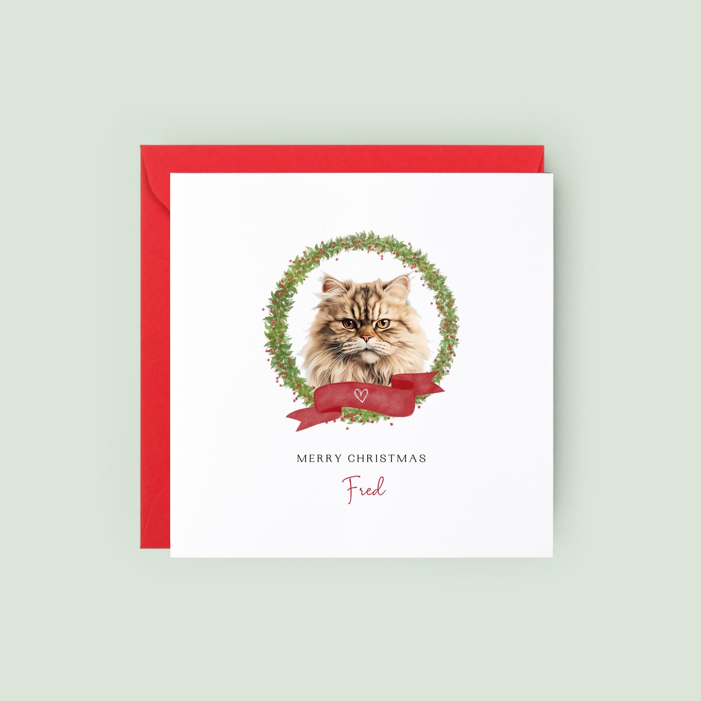 Personalised Persian cat Christmas card with festive wreath design. Ideal holiday card for Cat Mum, Cat Dad, or a cat sitter.