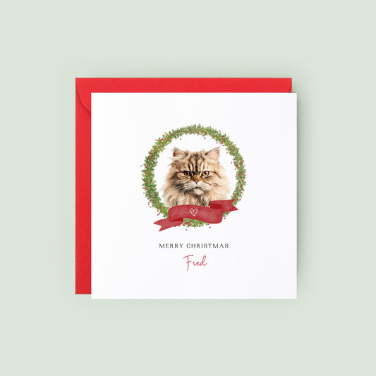 Personalised Persian cat Christmas card with festive wreath design. Ideal holiday card for Cat Mum, Cat Dad, or a cat sitter.