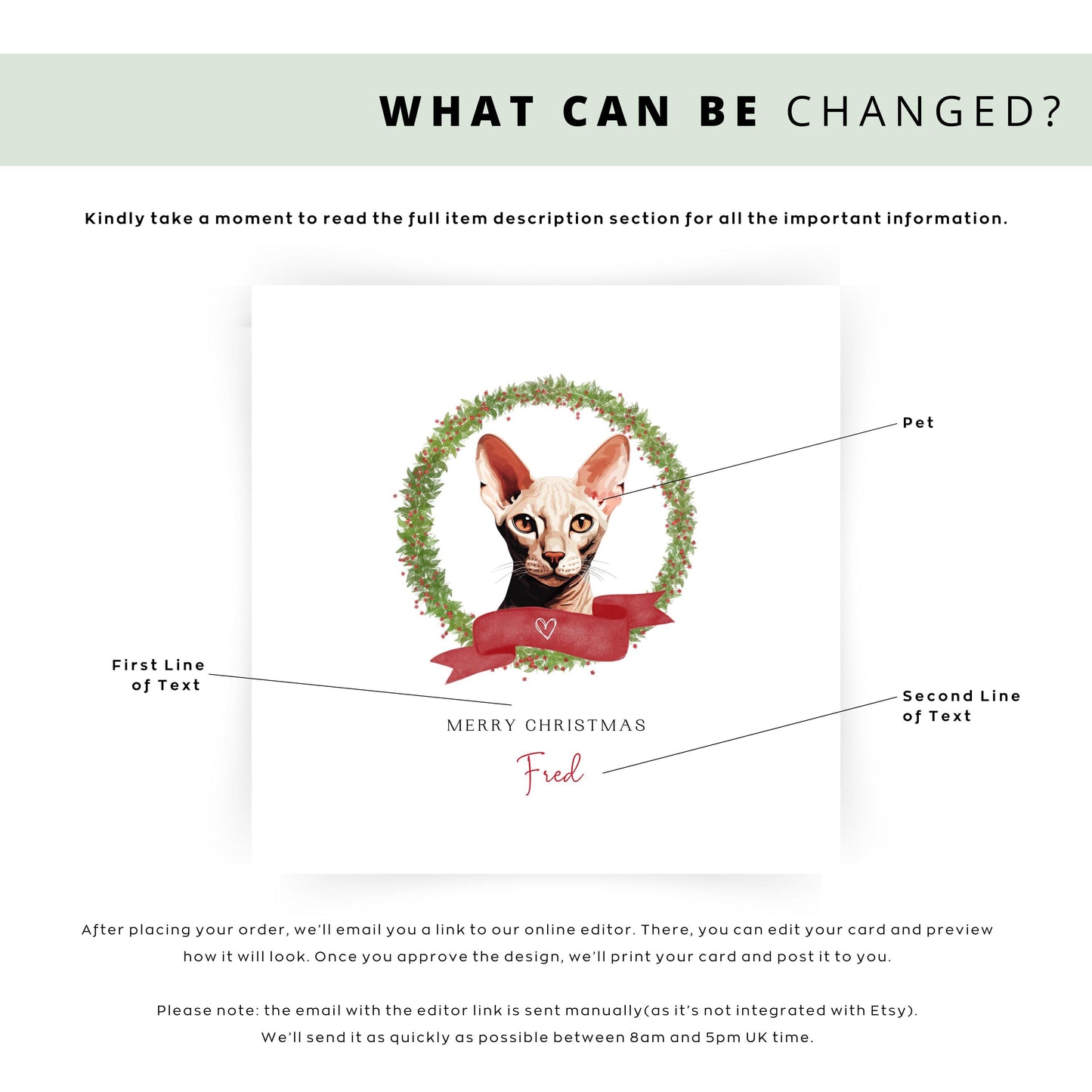 Personalised Peterbald cat Christmas card with festive wreath design. Ideal holiday card for Cat Mum, Cat Dad, or a cat sitter.