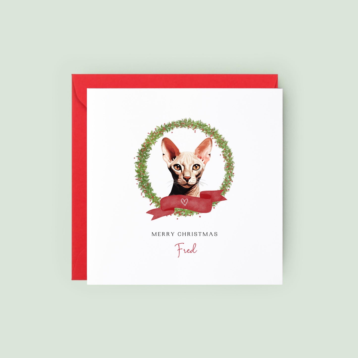 Personalised Peterbald cat Christmas card with festive wreath design. Ideal holiday card for Cat Mum, Cat Dad, or a cat sitter.