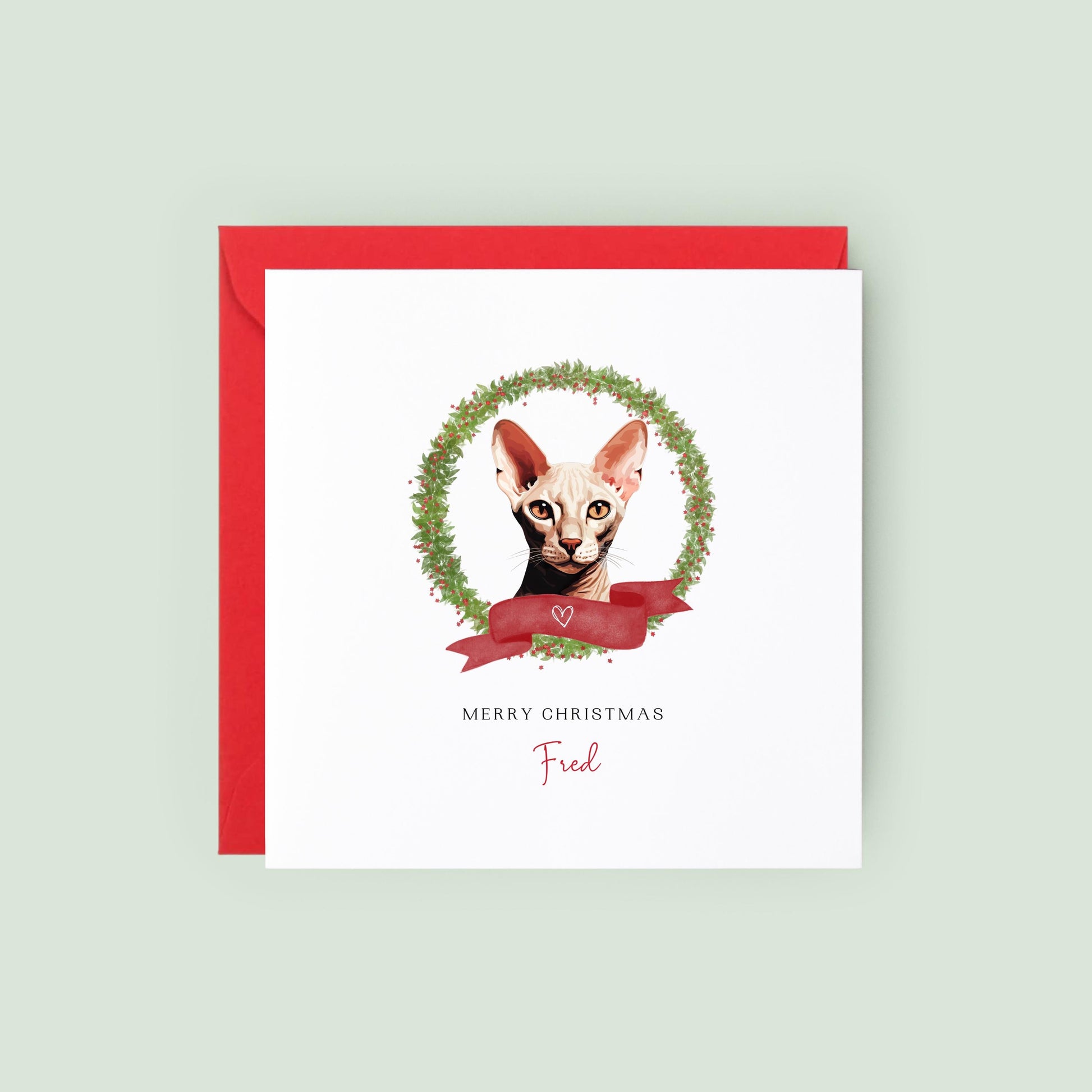 Personalised Peterbald cat Christmas card with festive wreath design. Ideal holiday card for Cat Mum, Cat Dad, or a cat sitter.