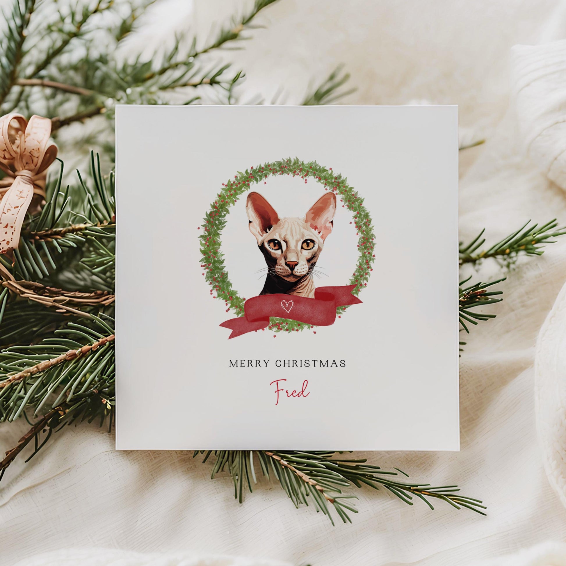 Personalised Peterbald cat Christmas card with festive wreath design. Ideal holiday card for Cat Mum, Cat Dad, or a cat sitter.
