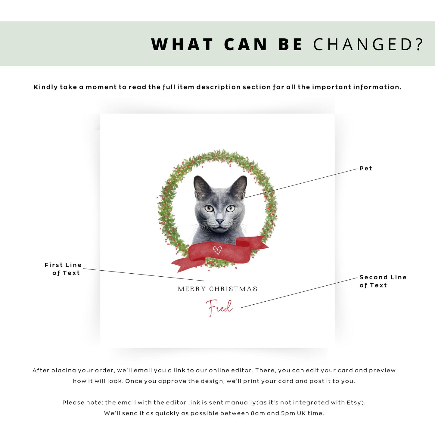 Personalised Russian Blue cat Christmas card with festive wreath design. Ideal holiday card for Cat Mum, Cat Dad, or a cat sitter.