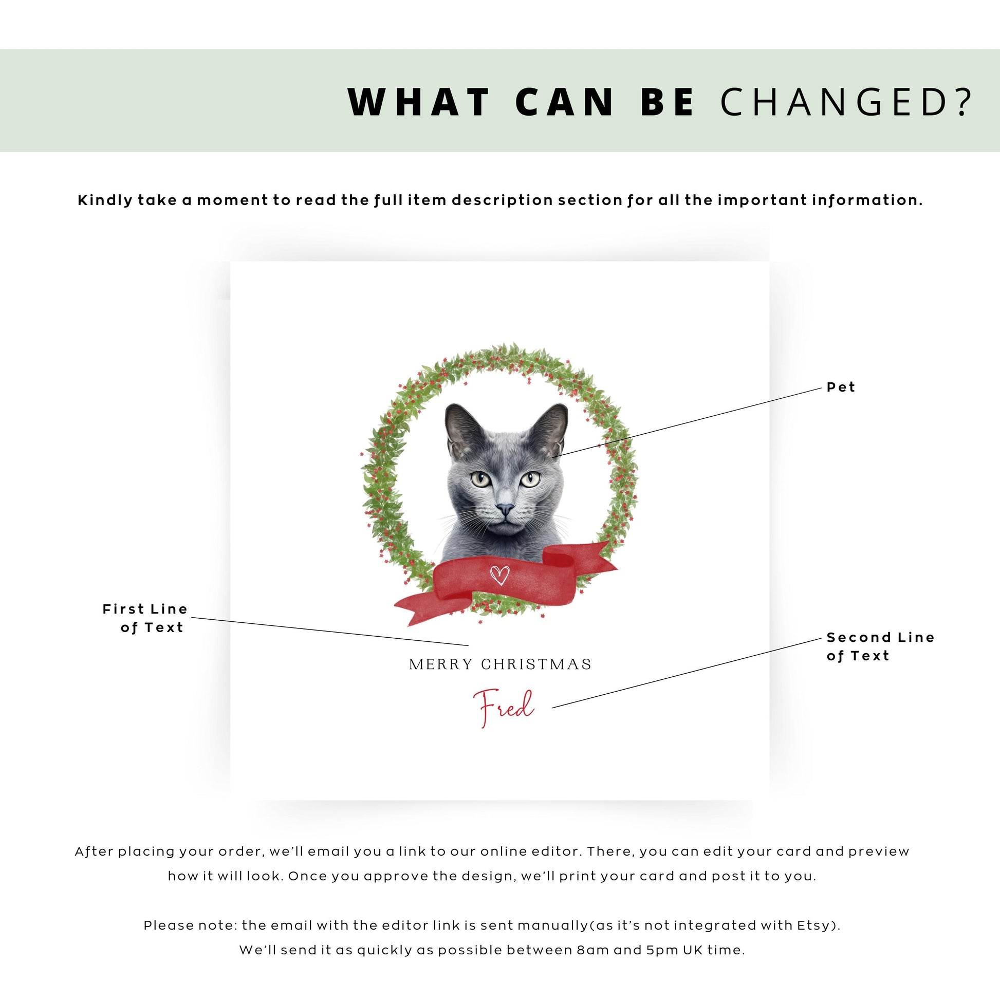 Personalised Russian Blue cat Christmas card with festive wreath design. Ideal holiday card for Cat Mum, Cat Dad, or a cat sitter.