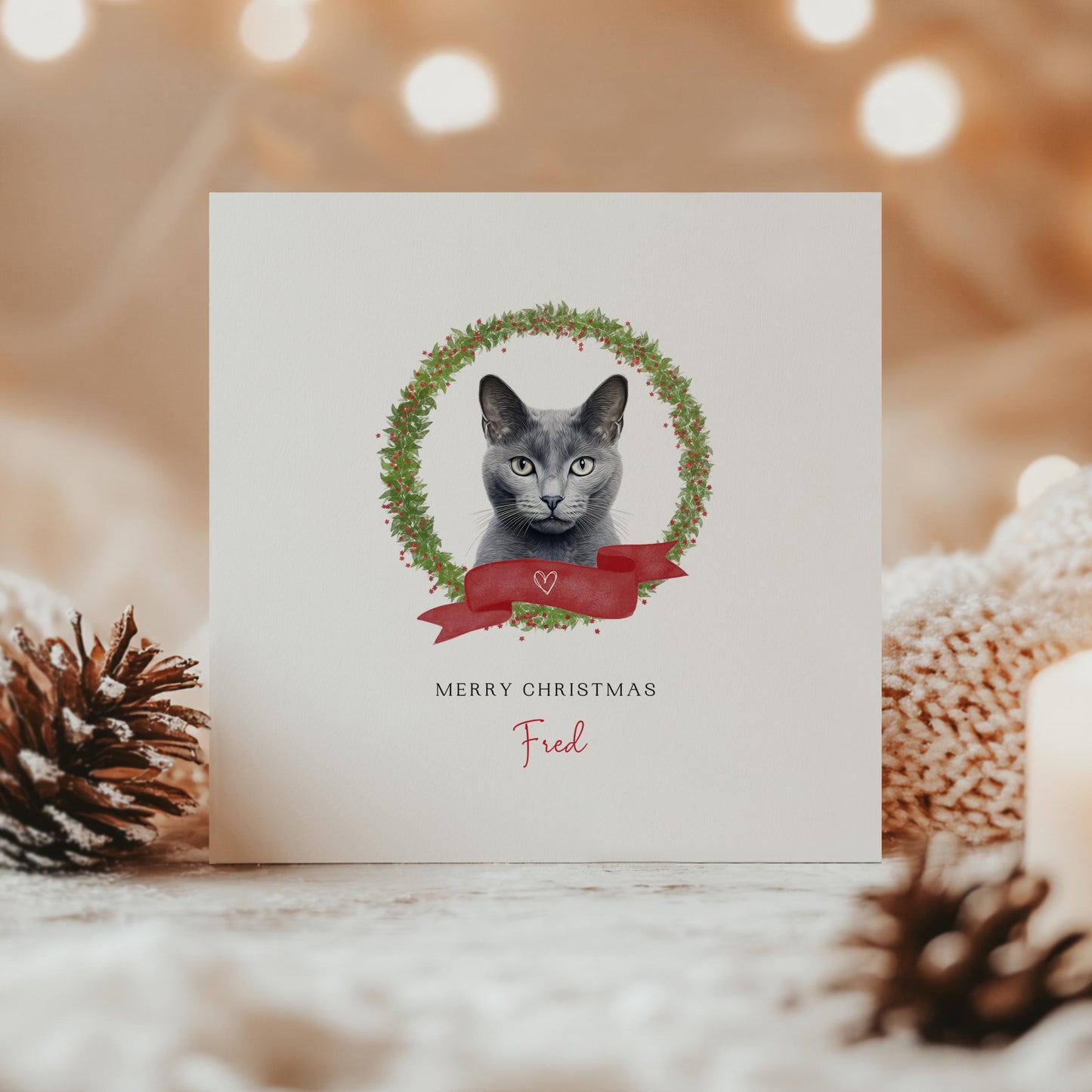 Personalised Russian Blue cat Christmas card with festive wreath design. Ideal holiday card for Cat Mum, Cat Dad, or a cat sitter.