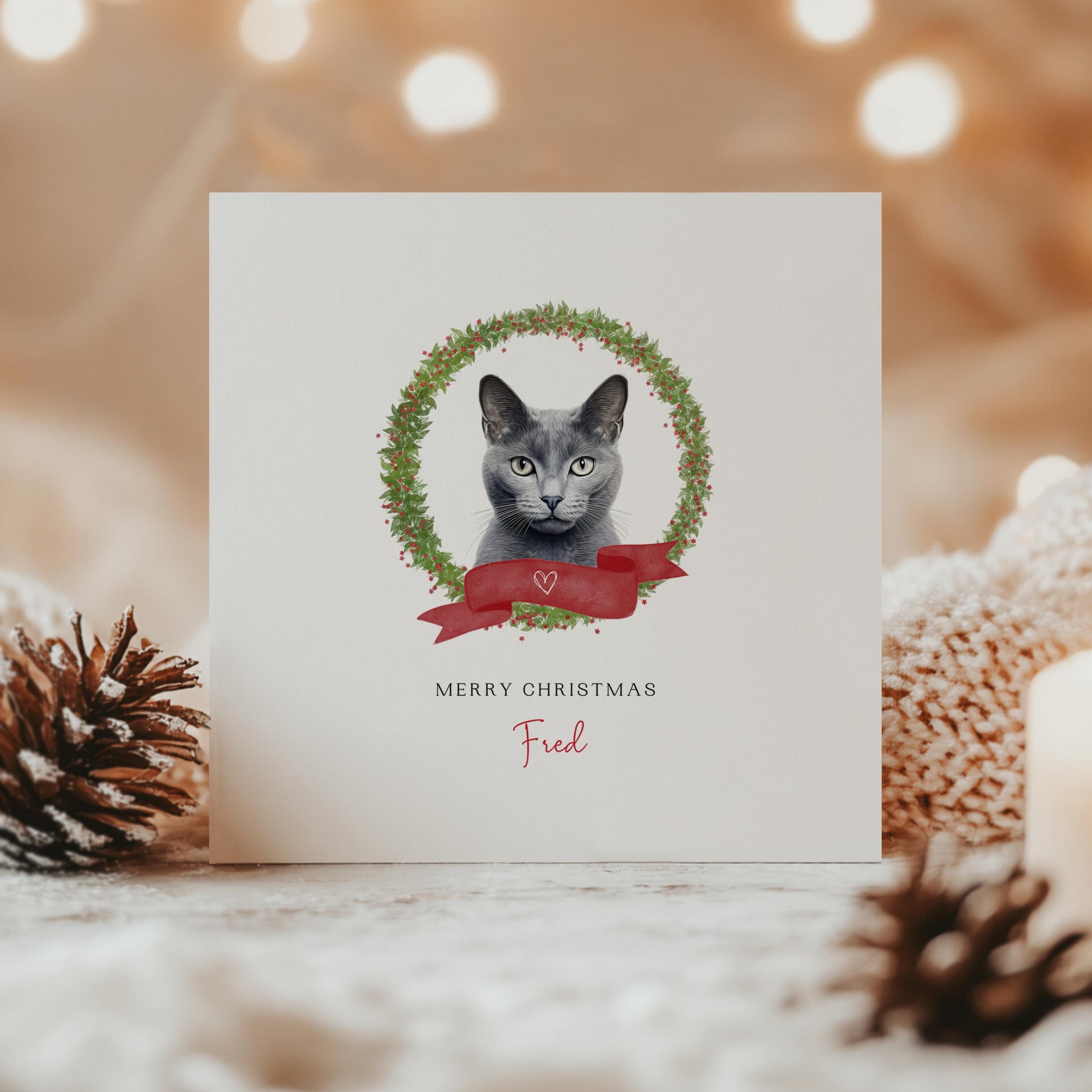 Personalised Russian Blue cat Christmas card with festive wreath design. Ideal holiday card for Cat Mum, Cat Dad, or a cat sitter.